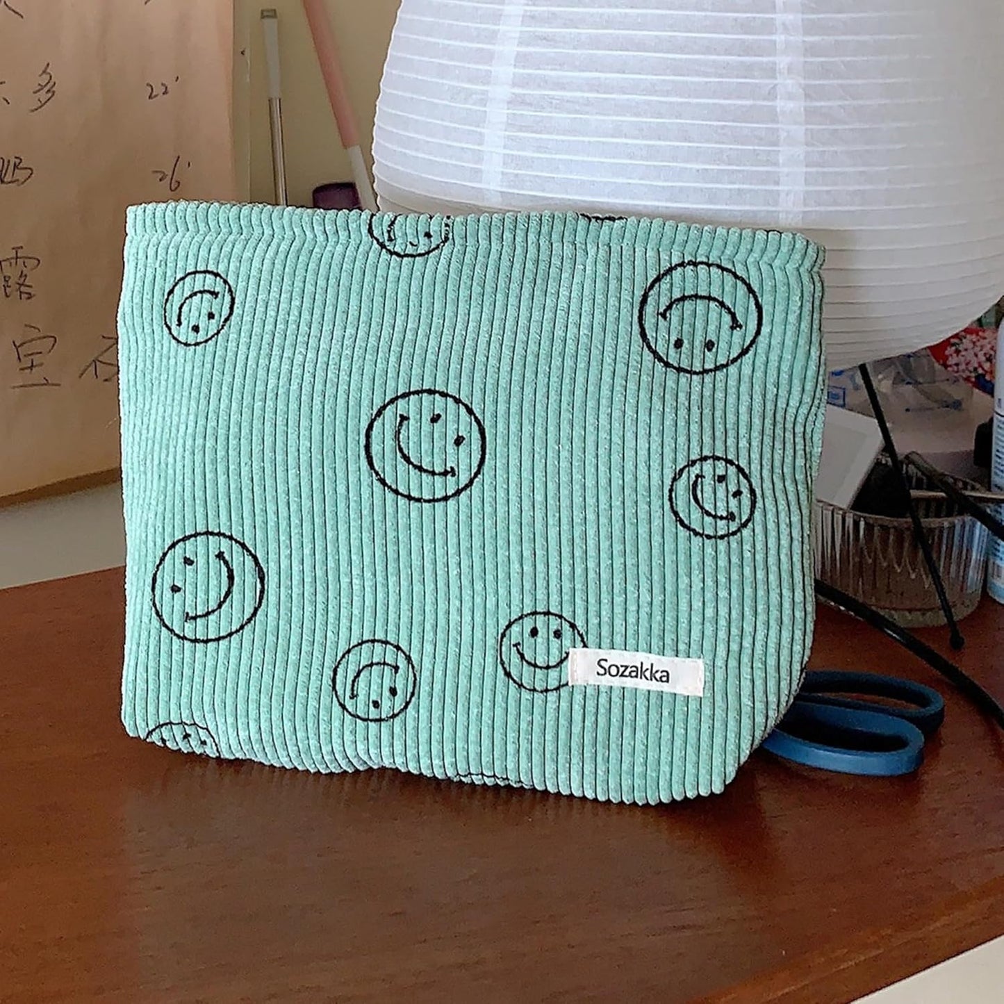 Cosmetic Bags for Women - Corduroy Cosmetic Bag Aesthetic Women Handbags Purses Smile Dots Makeup Organizer Storage Makeup Bag Girls Case Bags (A-Green)