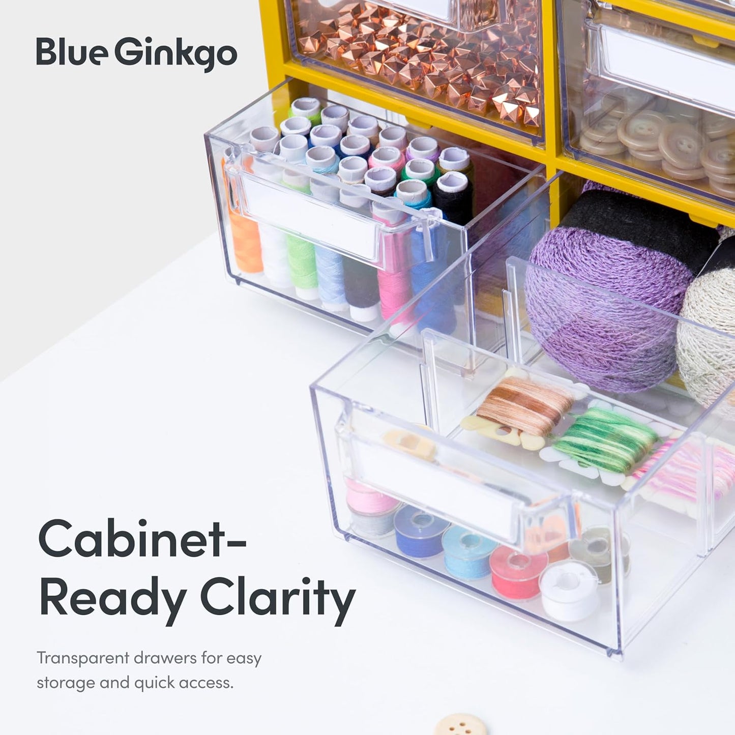 Blue Ginkgo Large 12-Drawer Cabinet – Stackable Clear Organizer for Hardware, Beads, Plastic Bricks, Office, and Craft Storage (Made in Korea, Yellow)
