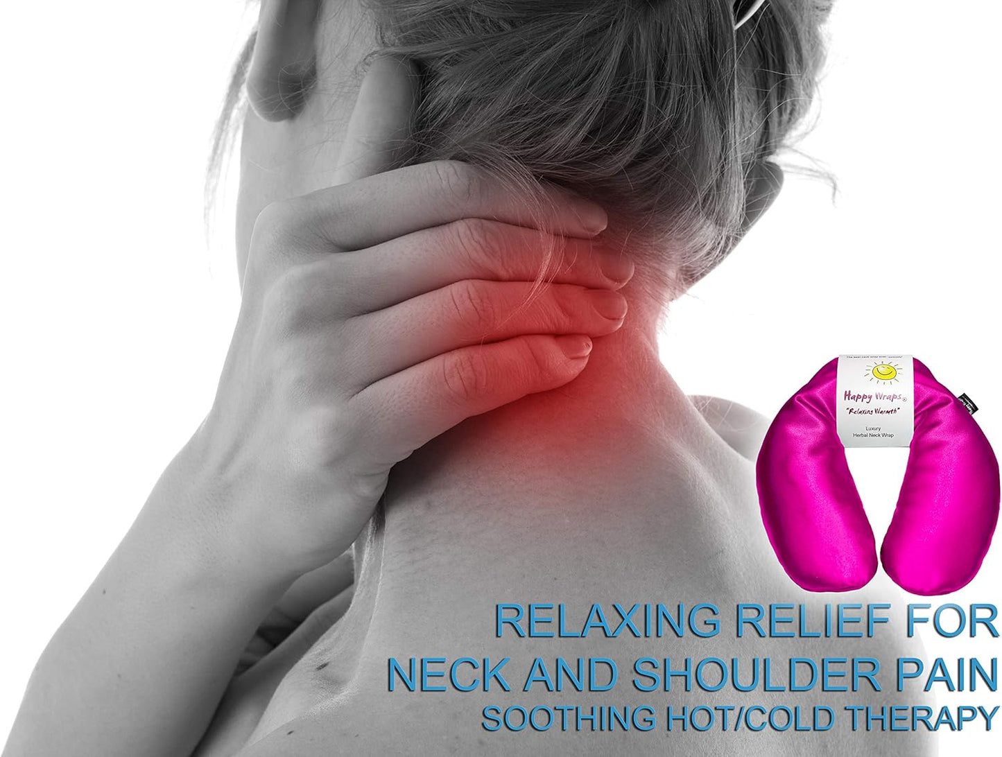 Microwavable Herbal Neck Wrap - Hot Cold Aromatherapy Neck Warming Pillow - Heating Pad for Migraines, Stress, Gifts for Women, Birthdays, Christmas and Free Sleep Mask - Hot Pink Satin