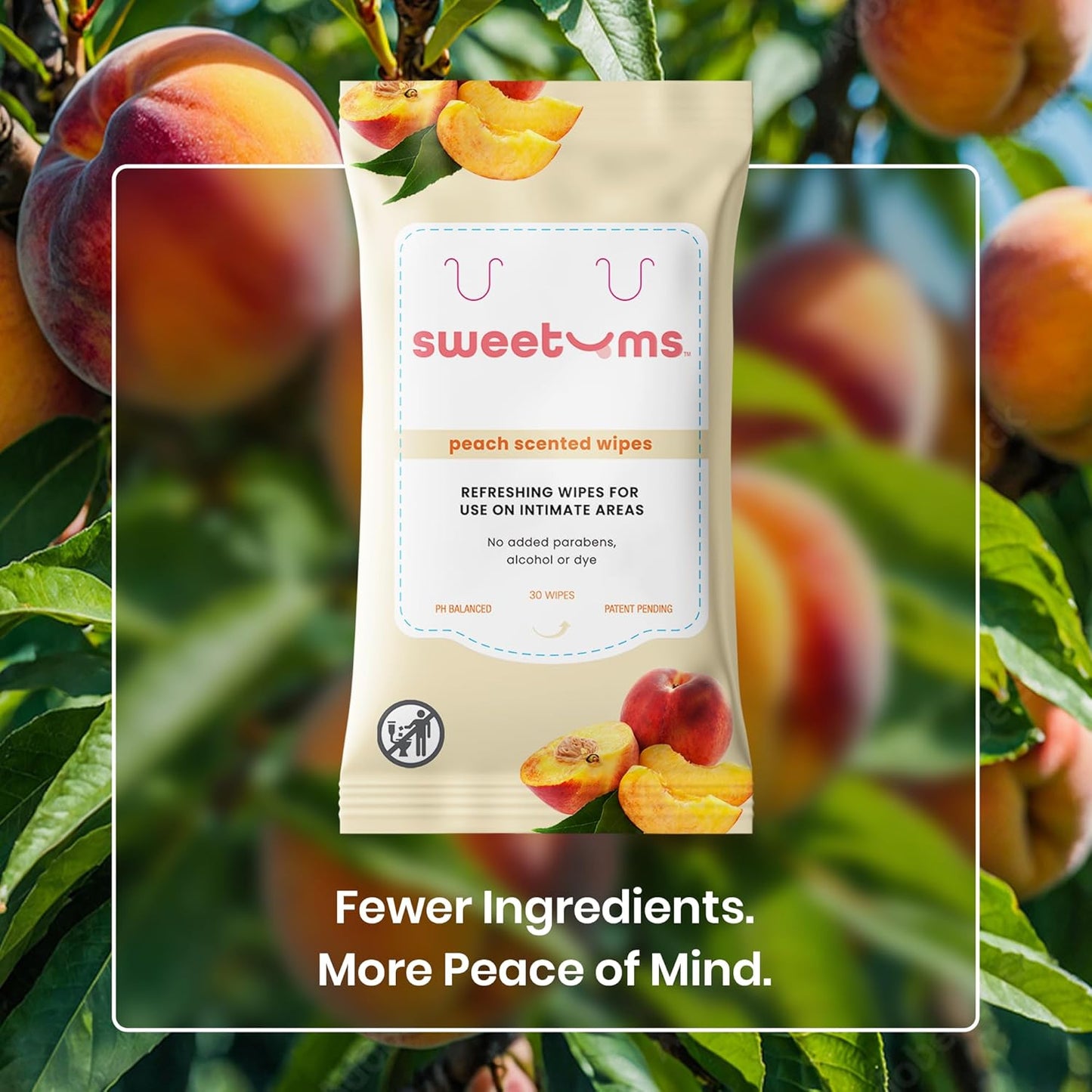 Sweetums Peach Scented Daily Feminine Wipes for Women – pH Balanced Unflavored Intimate Wipes – Water-Based, Aloe-Infused, Gentle on Sensitive Skin – Vegan, No Alcohol or Dyes, Travel-Friendly - 30ct
