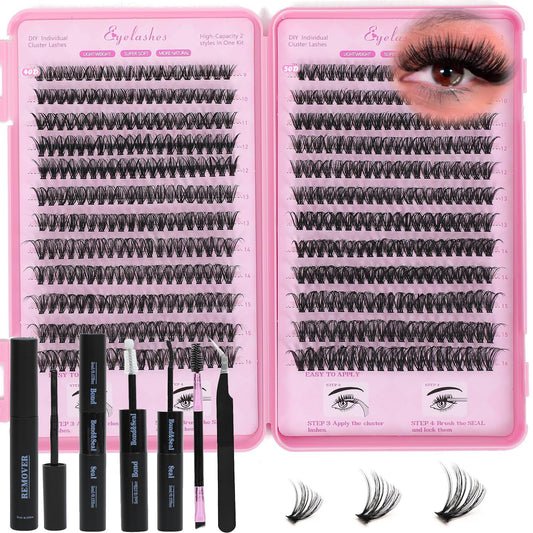 Lash Clusters Kit, Eyelash Clusters Individual Lash Extension Kit 480 Pcs D Curl Flufffy Wispy False Eyelashes Extensions Thin Band with Bond Seal Tweezers Brush Remover (40D+50D Kit 9-16mm)