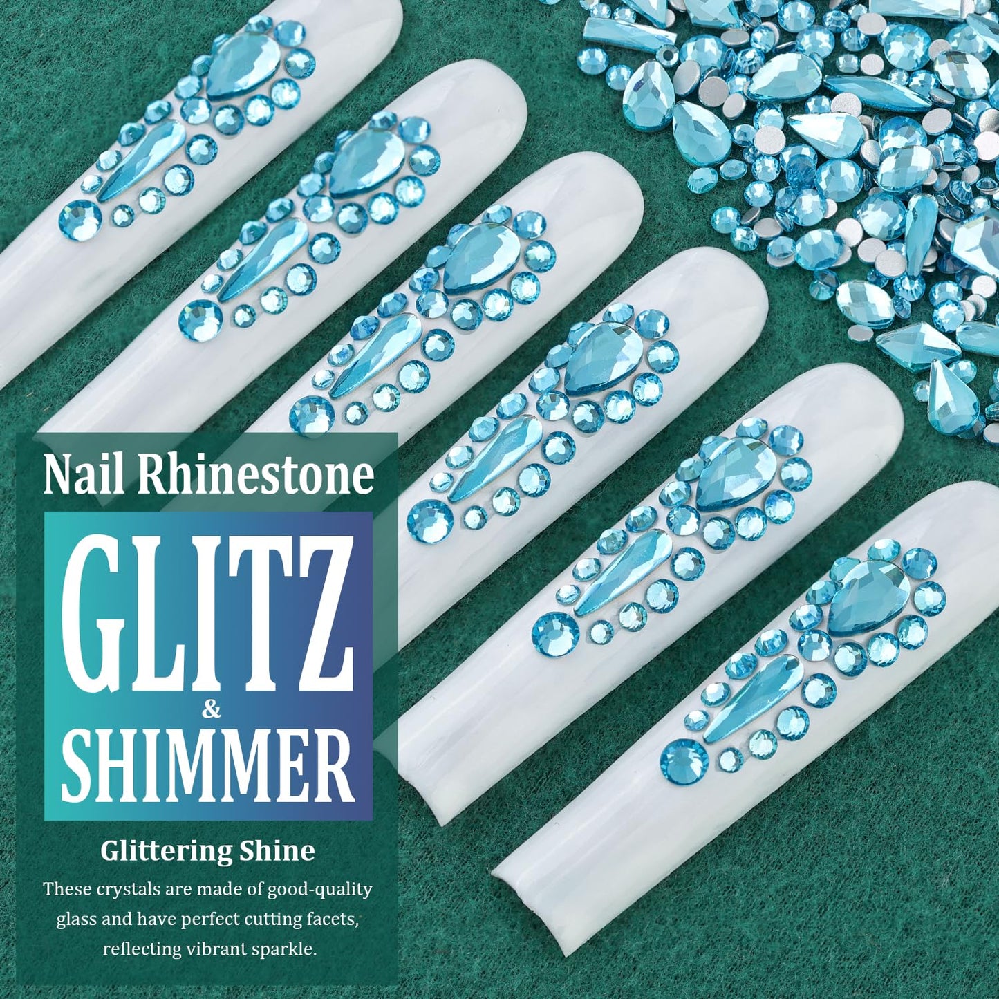 Multi Shapes Lake Blue 3D Glass Crystal Nail Art Rhinestones Kit with Flatback Round Bead Charm Gem Stone Jewelry Diamond with Pickup Pen + Tweezer for Manicure Makeup DIY Craft Decoration