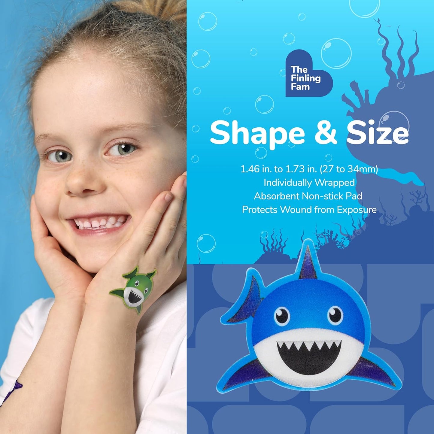 BioSwiss Kids Bandages, Finling Fam Shark Shaped Self Adhesive Bandage Set, Latex Free, Sterile Wound Care, 24 Count