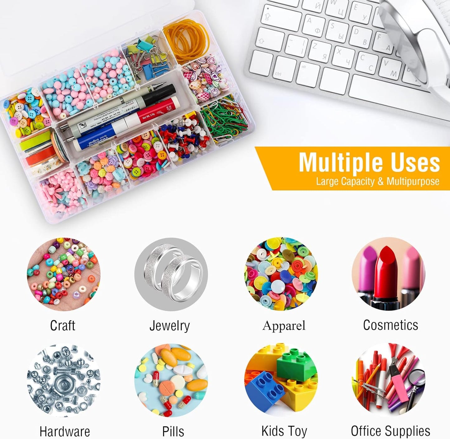 15 Large Grids Plastic Organizer Box with Dividers, 2 Pack Clear Compartment Container Storage for Washi Tapes Beads Crafts Jewelry Fishing Tackles, Size 11 x 6.3 x 2.2 in