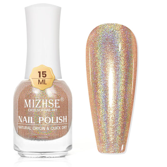 MIZHSE Holographic Nail Polish, Light Brown Shimmery Nail Polish Non Gel, Air Dry Fast Glossy Shiny Nail Pigment Oil-based Laser Iridescent Chrome Nail Art Salon Manicure Home