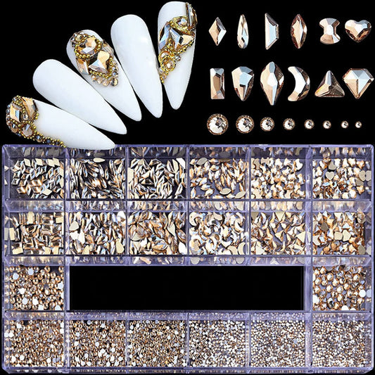 3100Pcs Flat Back Rhinestones for Nails, HOINCO Champagne Rhinestones for Nails, Mix 20 Styles Flatback Rhinestone/Gems, 600 Diamonds + 2500 Round Rhinestones Beads for Crafts with Tweezers Pen