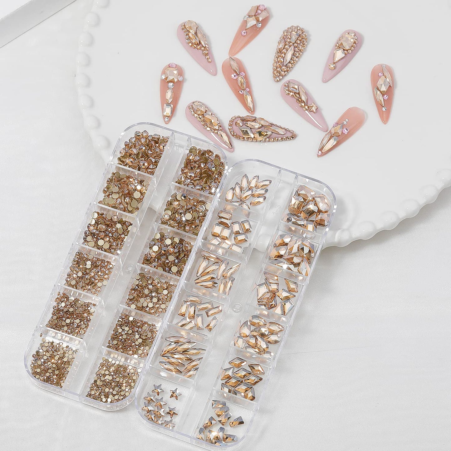 HNUIX Nail Rhinestones - 3D Multi Shape Size Crystal, Champagne Gold Nail Gems, Flat Back, with Kit, for Nail Art, DIY Decorations