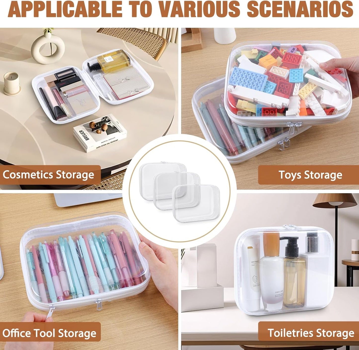 Clear Hard Shell Zipper Case 3 PCS Clear Cosmetic Make up Bag Waterproof Travel Toiletry Bag for Women, Hard Plastic Zipper Pouches Portable Travel Storage Organizer Bins (White, 8"x6"x2")