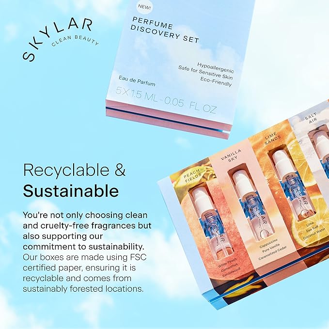 Skylar Perfume Discovery spray Sampler Set - Peach Fields, Vanilla Sky, Lime Sands, Salt Air, Coconut Cove - Hypoallergenic & Clean Perfume for Women & Men - 5 1.5mL