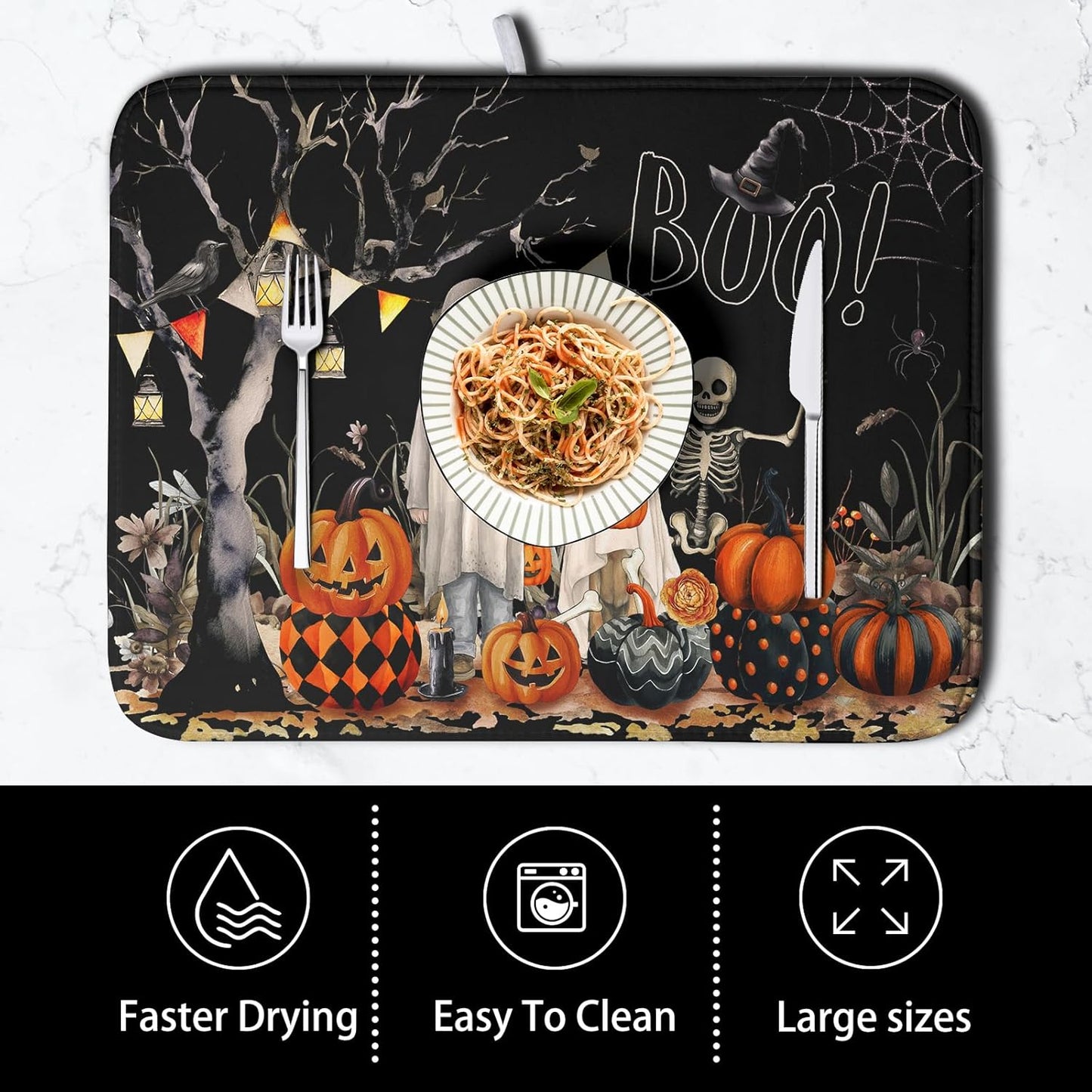Halloween Dish Drying Mat for Kitchen Counter 16x18 Inch Black Ghost Pumpkins Dog Boo Skull Dishes Drainer Mats Absorbent Microfiber Washable Dish Draining Pad for Sink Coffee Bar