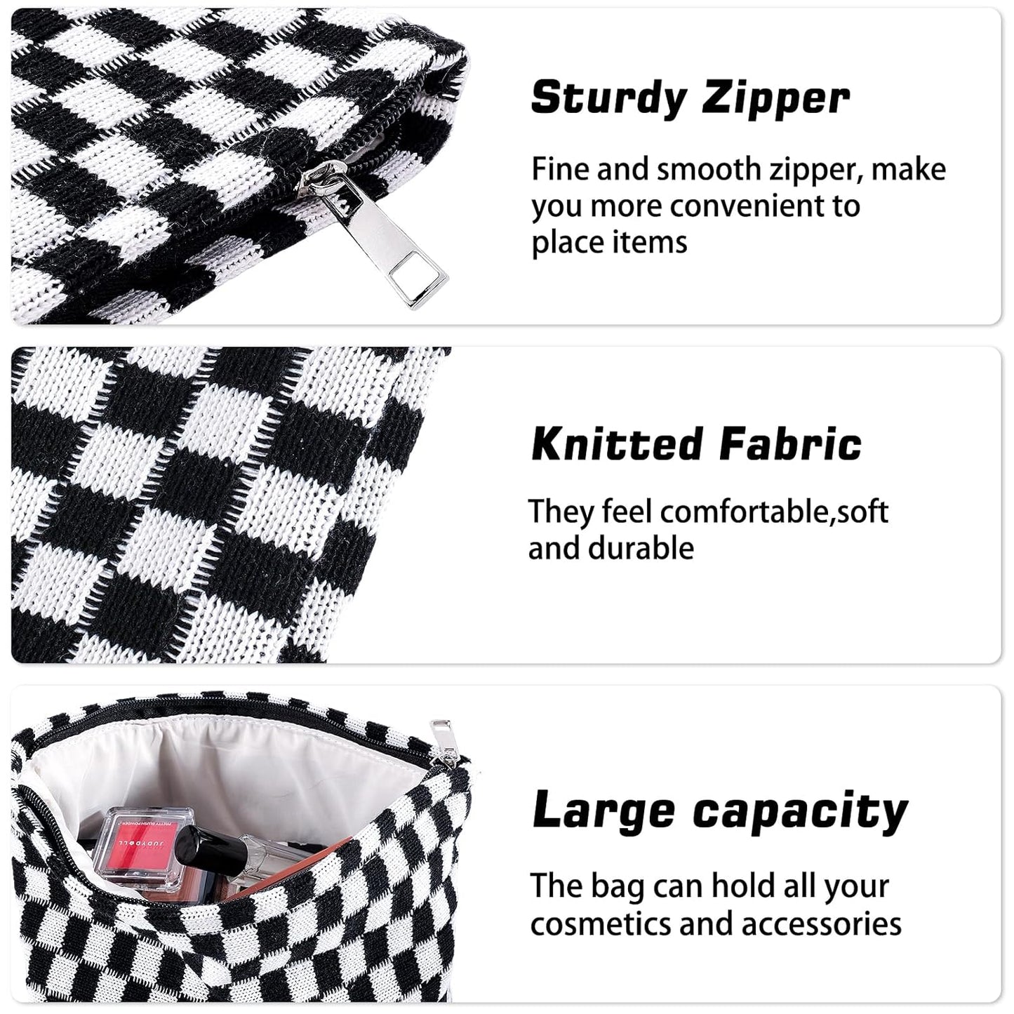 ZLFSRQ 3Pcs Checkered Makeup Bag for Women Large Small Checkered Cosmetic Bag Set Aesthetic Preppy Pencil Case Cute Pencil Pouch Black Makeup Pouch for Purse Travel Toiletry Bags Zipper Skincare Bags