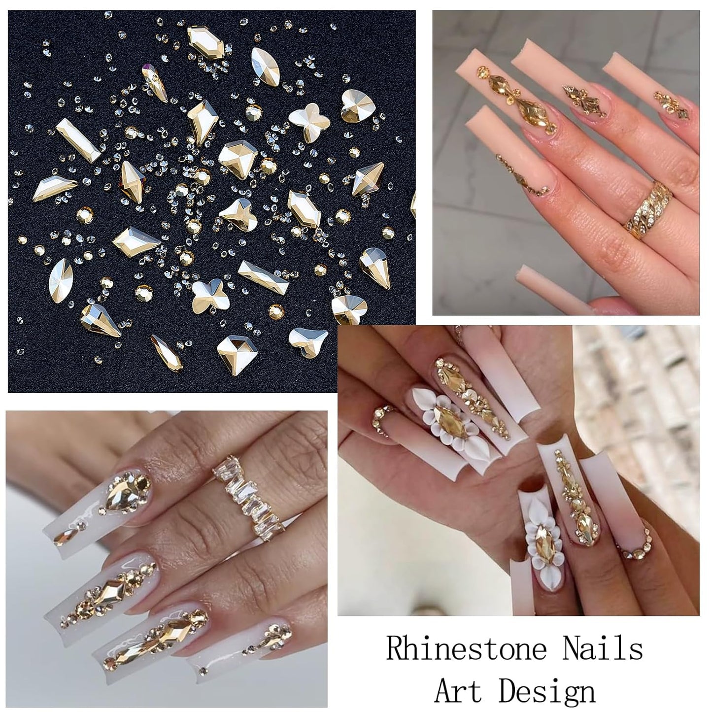 Nail Art Charms Rhinestones with Glue Gel Champagne Nail Rhinestones Supplies Accessories Gold Butterfly Multi Shape Crystal AB Rhinestone Nails Gems Jewelry for Women Nails Design