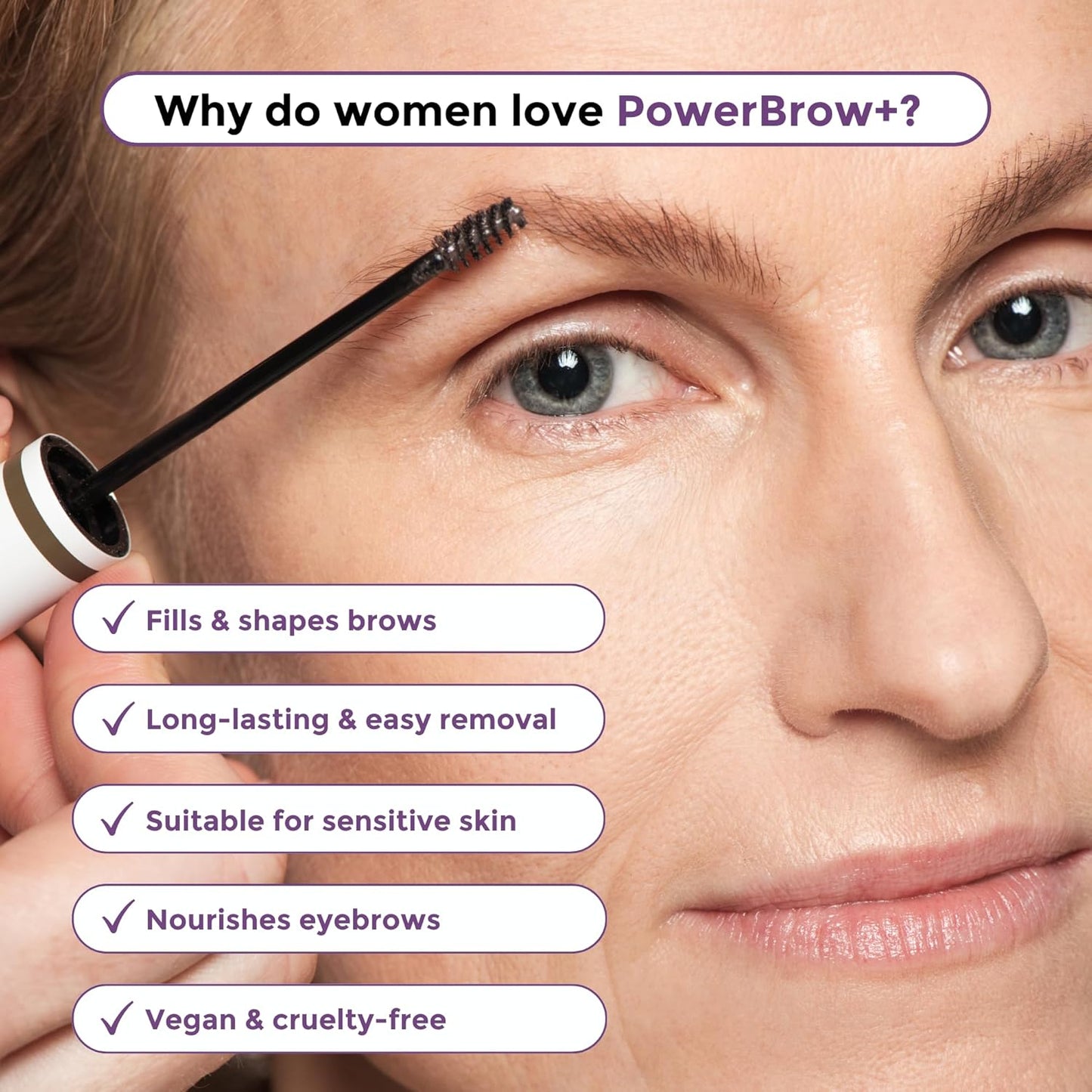 PowerBrow+ Tinted Eyebrow Gel For Older Women - Defines, Fills, Thickens Brows - 2-in-1 Formula - Natural Color, Quick Fixing, Long-Lasting - Hypoallergenic Medium Brown (Mocha)