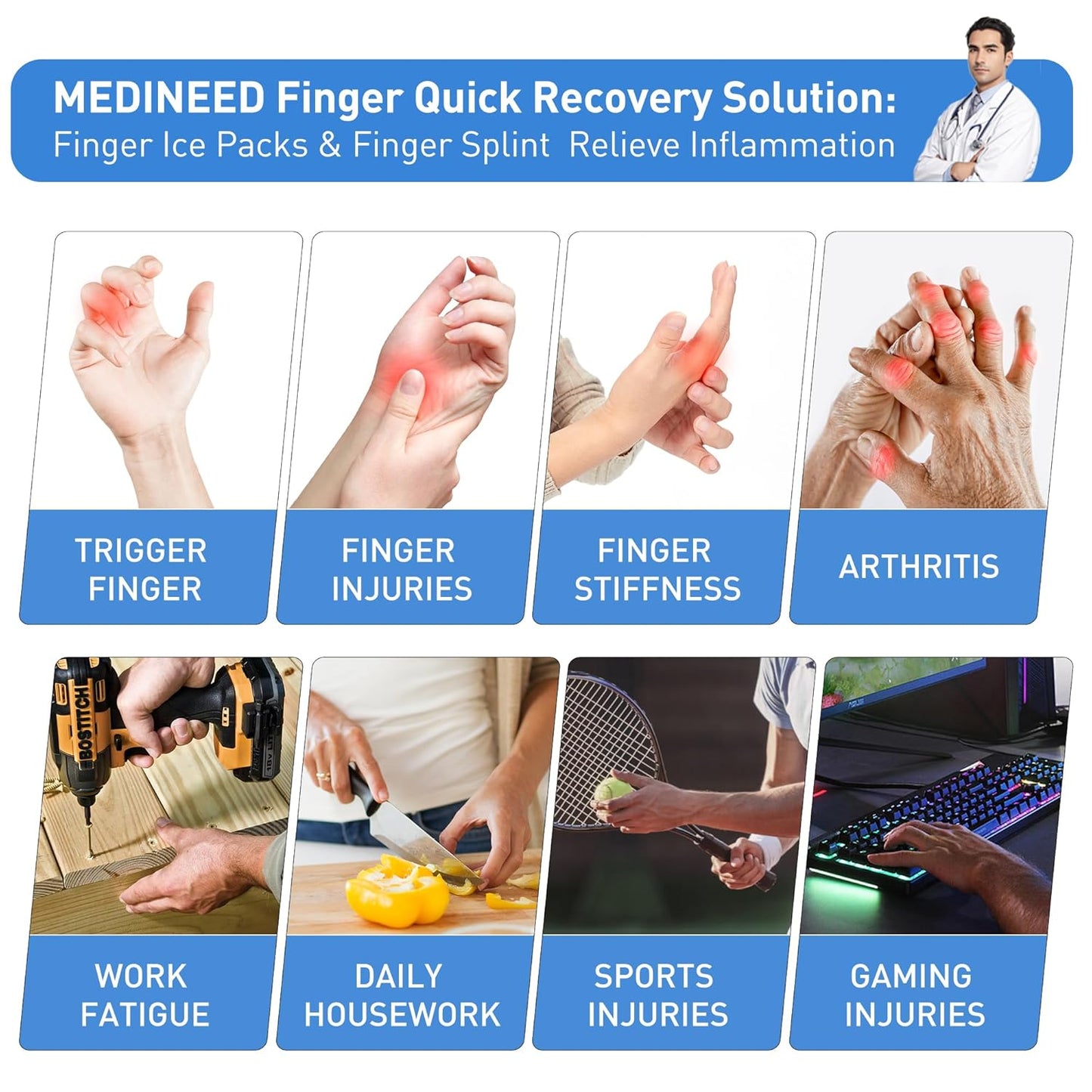 2PCS Finger Ice Pack & 2PCS Trigger Finger Splint, Thumb Splint & Sleeves Cold for Pain Relief, Reusable Compression Thumb Brace for Toe Injuries, Arthritis, Sprains (Blue2+2)