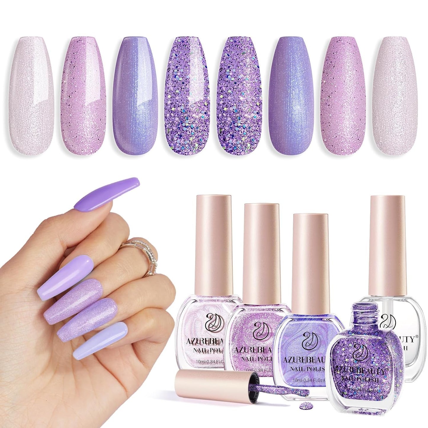 AZUREBEAUTY Nail Polish Set Fast Drying Glitter Pink Purple Spring Summer 4 Colors Lilac Nail Polish Natural Nail Lacquer Fingernail Kit with Top Coat DIY Salon Home