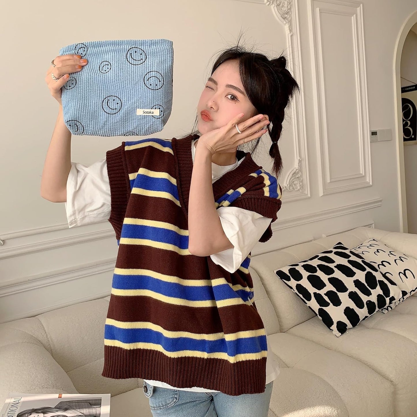 Cosmetic Bags for Women - Corduroy Cosmetic Bag Aesthetic Women Handbags Purses Smile Dots Makeup Organizer Storage Makeup Bag Girls Case Bags (A-Blue)
