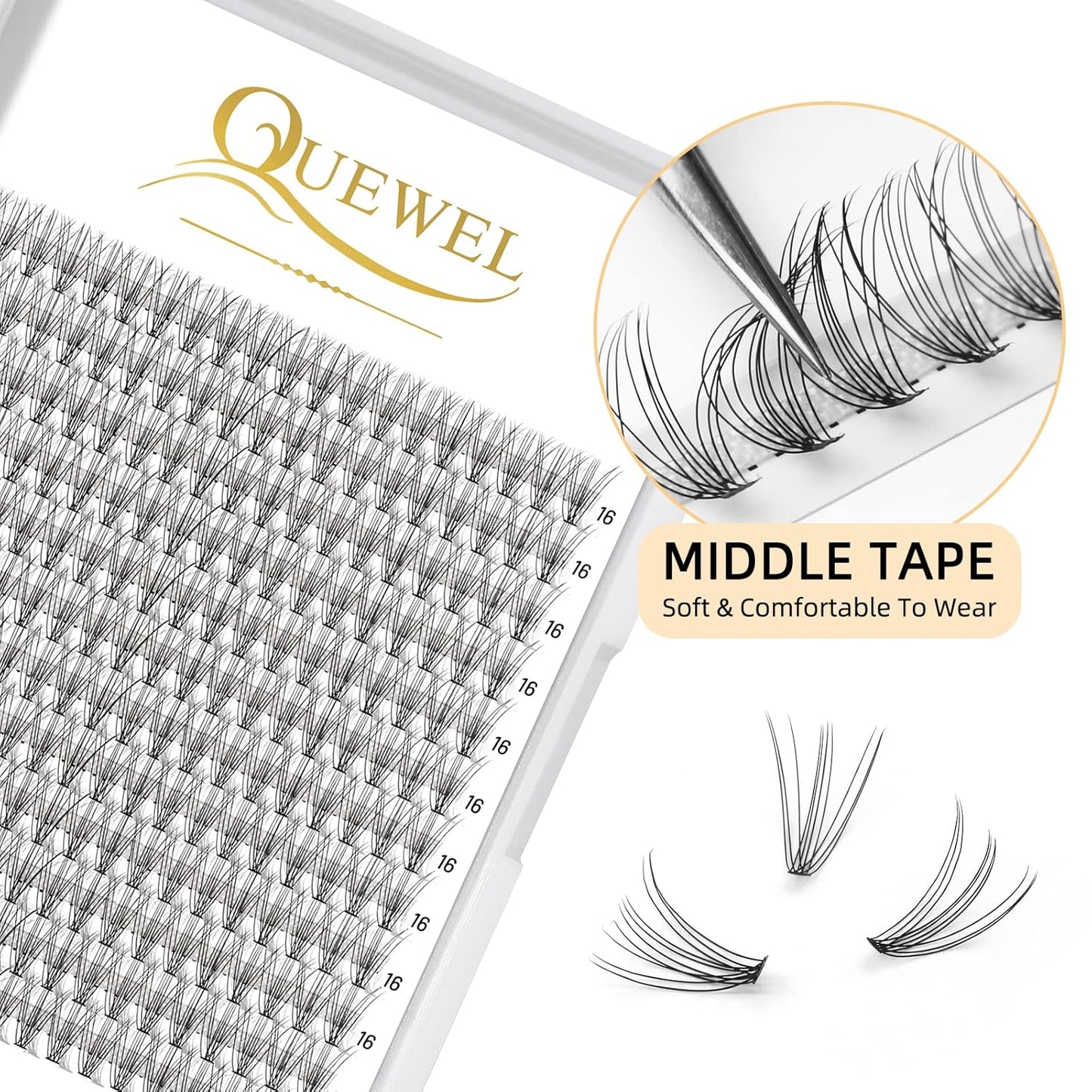 QUEWEL Cluster Lashes 240Pcs Individual Lashes 10D 0.10C Curl 16mm Knot-Free Lash Extensions Clusters Lashes Soft&Natural False Eyelashes Individual DIY Eyelash Extension at Home(10D 0.10C 16)