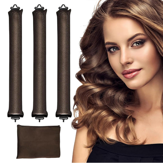 4 PCS Heatless Hair Curler Set - Overnight Use Curling Rods with Silk Scarf for All Hair Types, No Heat Natural Waves Curls without Damage, Brown