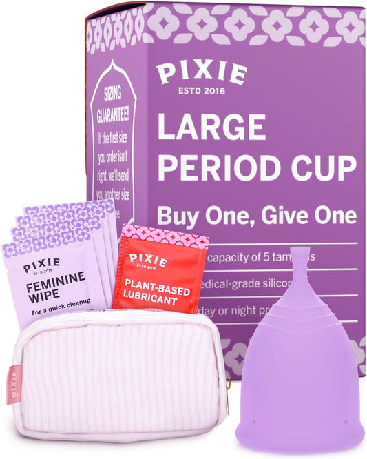 Pixie Menstrual Cup - No Metals or Toxins - Ranked 1 for The Most Soft Reusable Period Cup - Wear 12 Hours - 100% Medical-Grade Silicone - Tampon Alternative (Purple, Large)
