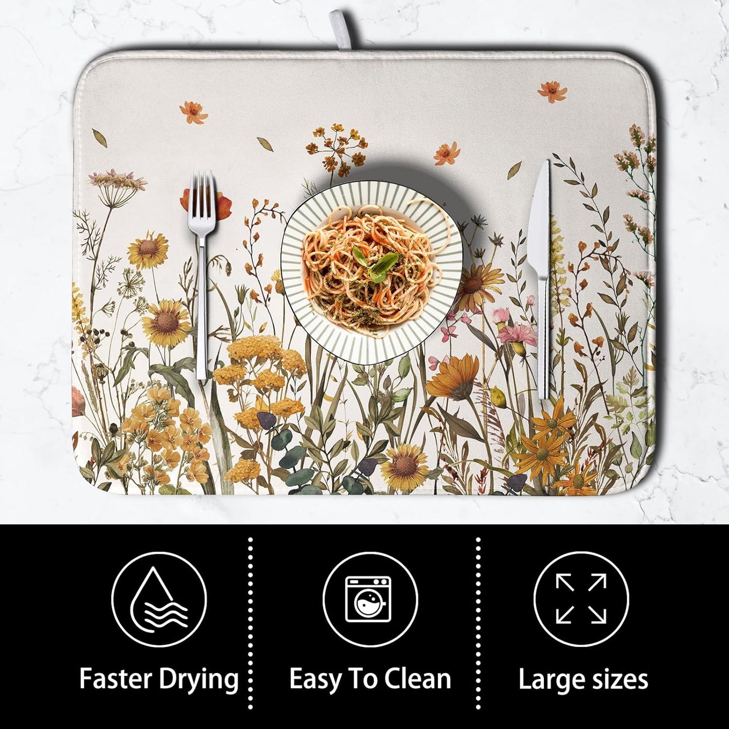 Fall Floral Dish Drying Mat for Kitchen Counter Autumn Burnt Orange Wild Flowers Dish Draining Mat Absorbent Microfiber Dishes Pad Washable Dish Drainer Rack Mat Large 18"x24"