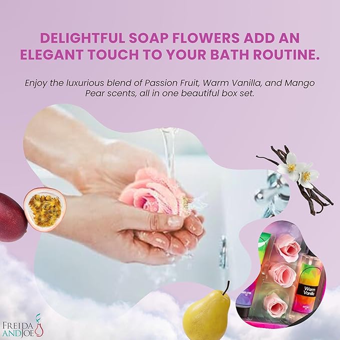 Fine Fragrance Body Mist & Body Splash Gift Set – Luxury Self-Care Combo for Women and Girls (Passion Fruit, Warm Vanilla, Mango Pear, Rose Soap)