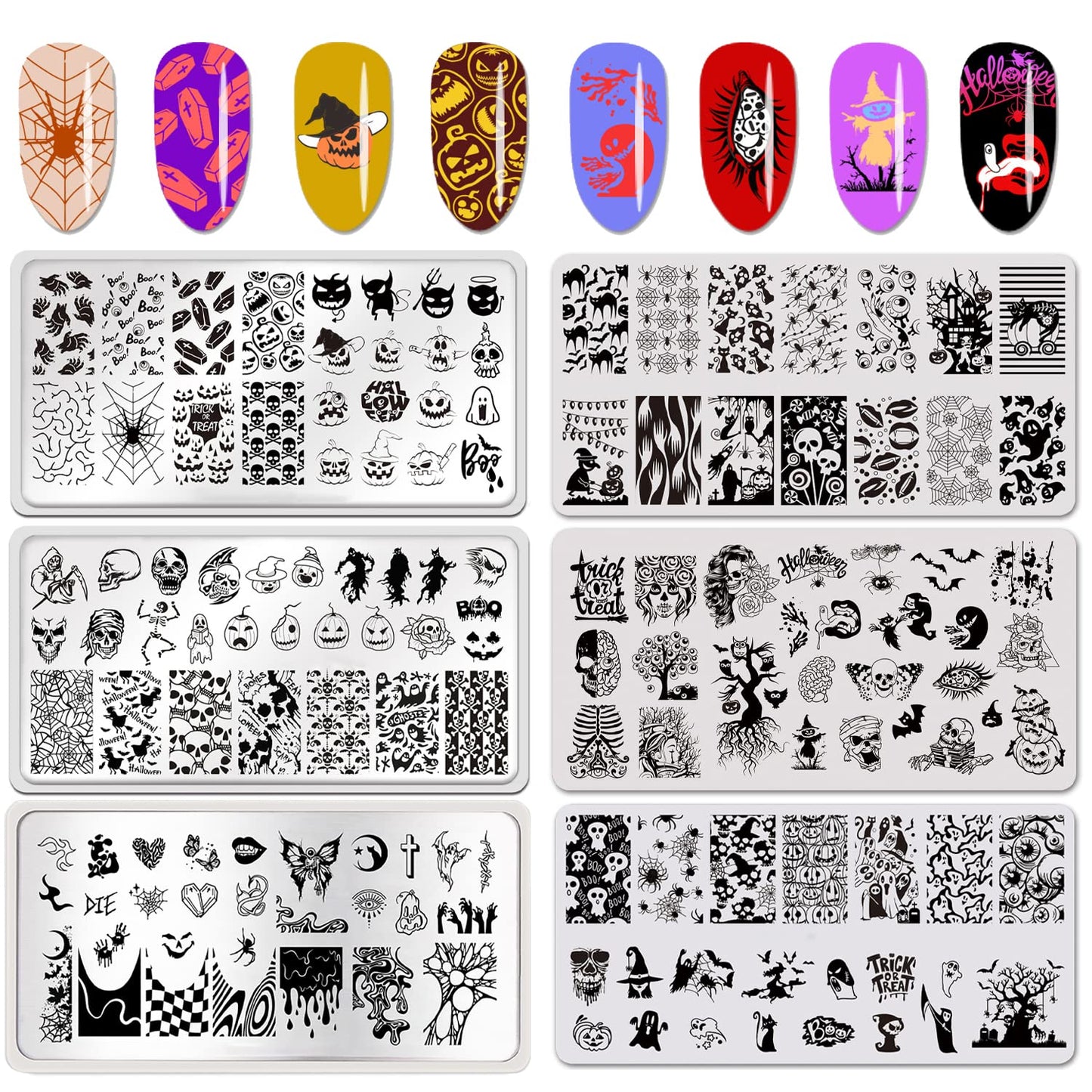 6 Pcs Halloween Nail Stamping Plate Skull Bat Witch Spider Web Halloween Nail Stamper Kit Pumpkin Grimace Blood Design Nail Template Decoration