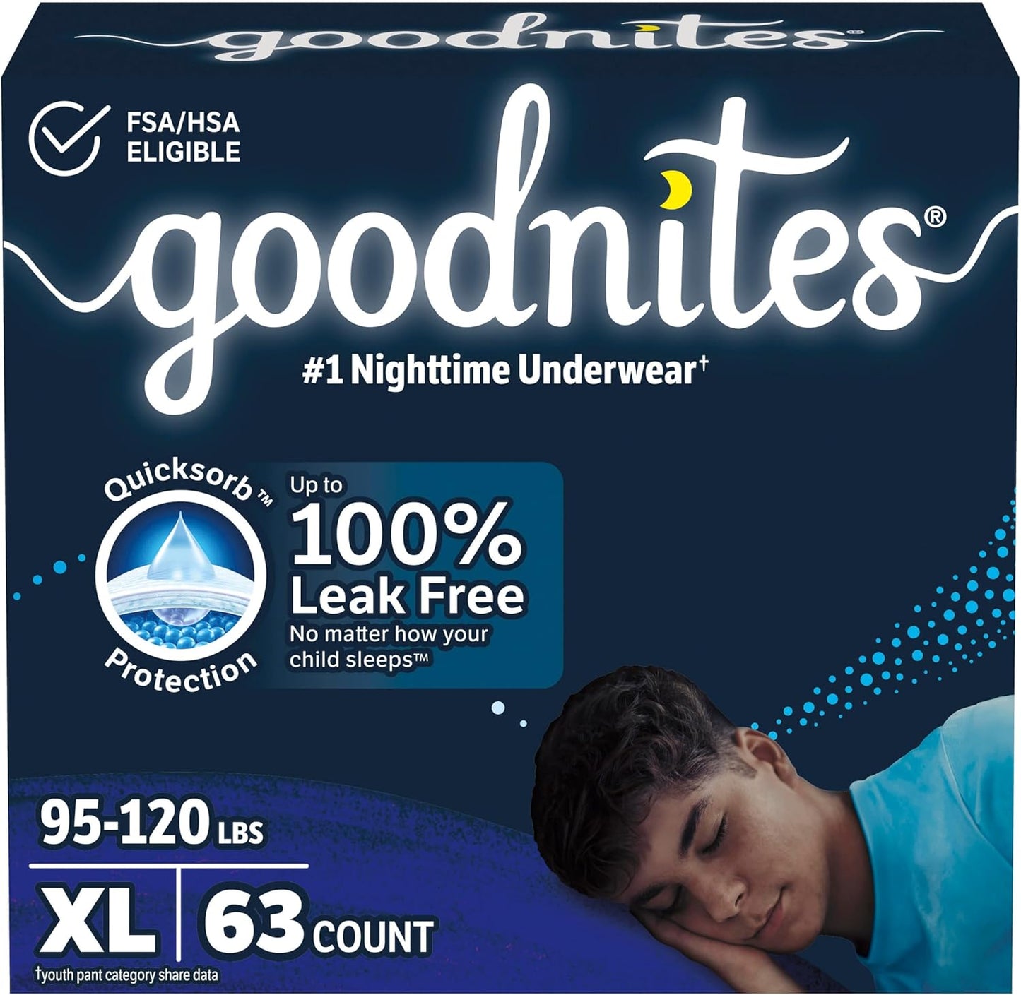 Goodnites Boys' Nighttime Bedwetting Underwear, Size Extra Large (95-120 lbs), 63 Ct (3 Packs of 21), Packaging May Vary