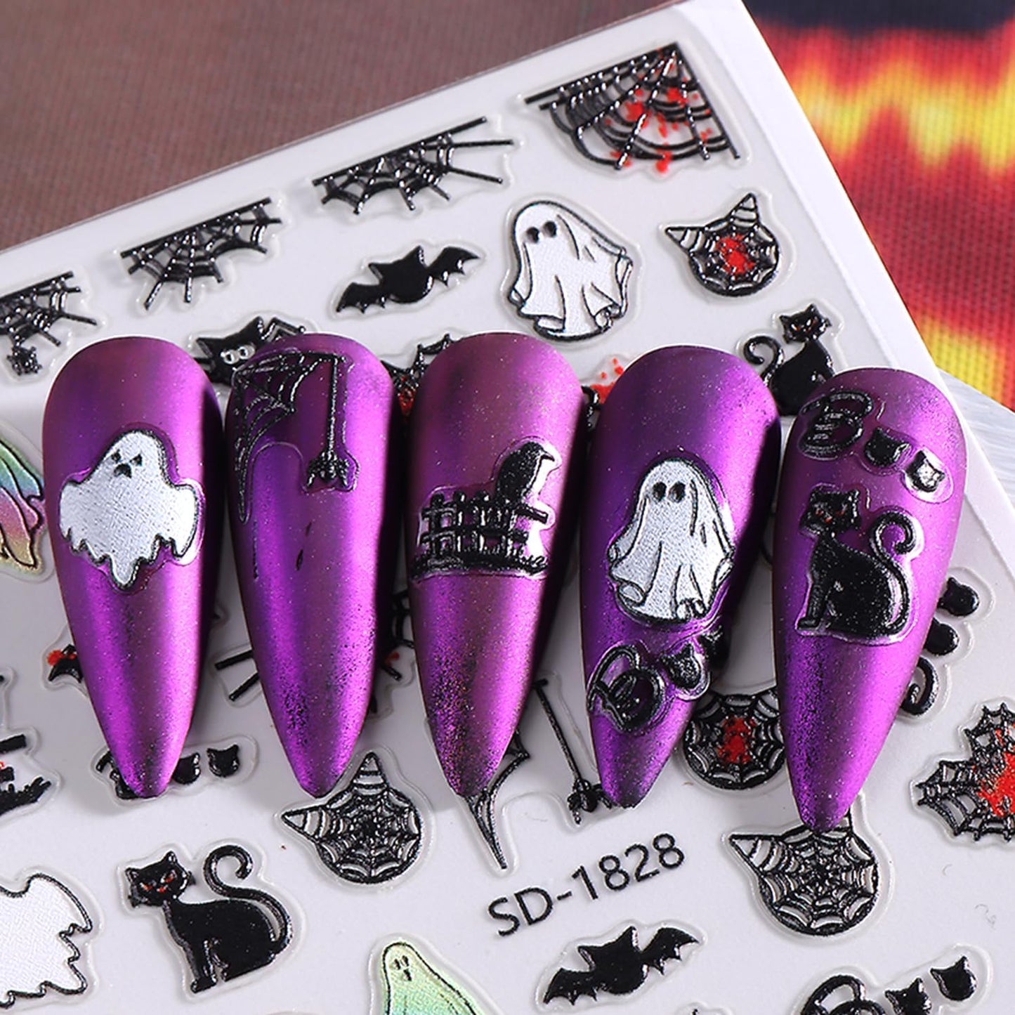 Embossed Halloween White Ghost Nail Stickers Decals Black Spider Web Bat Nail Art Sticker Decal Blood Drop Nails Sticker Self-Adhesive Spider Nails Decal for Women Halloween Decor