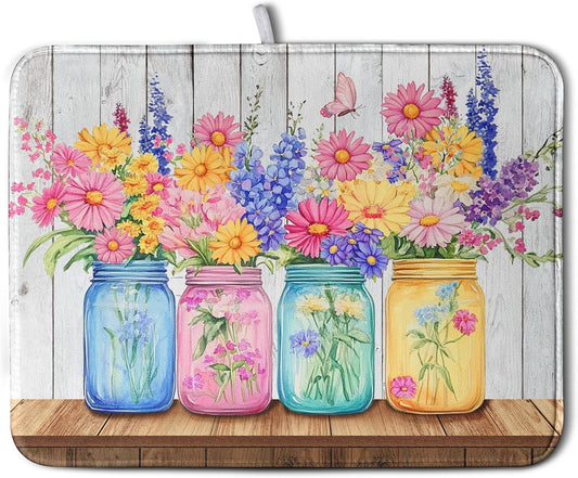 Daisy Dish Drying Mat for Kitchen Counter Spring Summer Flowers Vases Dishes Pad Microfiber Absorbent Dish Draining Mats Rustic Farmhouse Floral Wooden Board Dish Drainer Rack Mat 18x24 Inch
