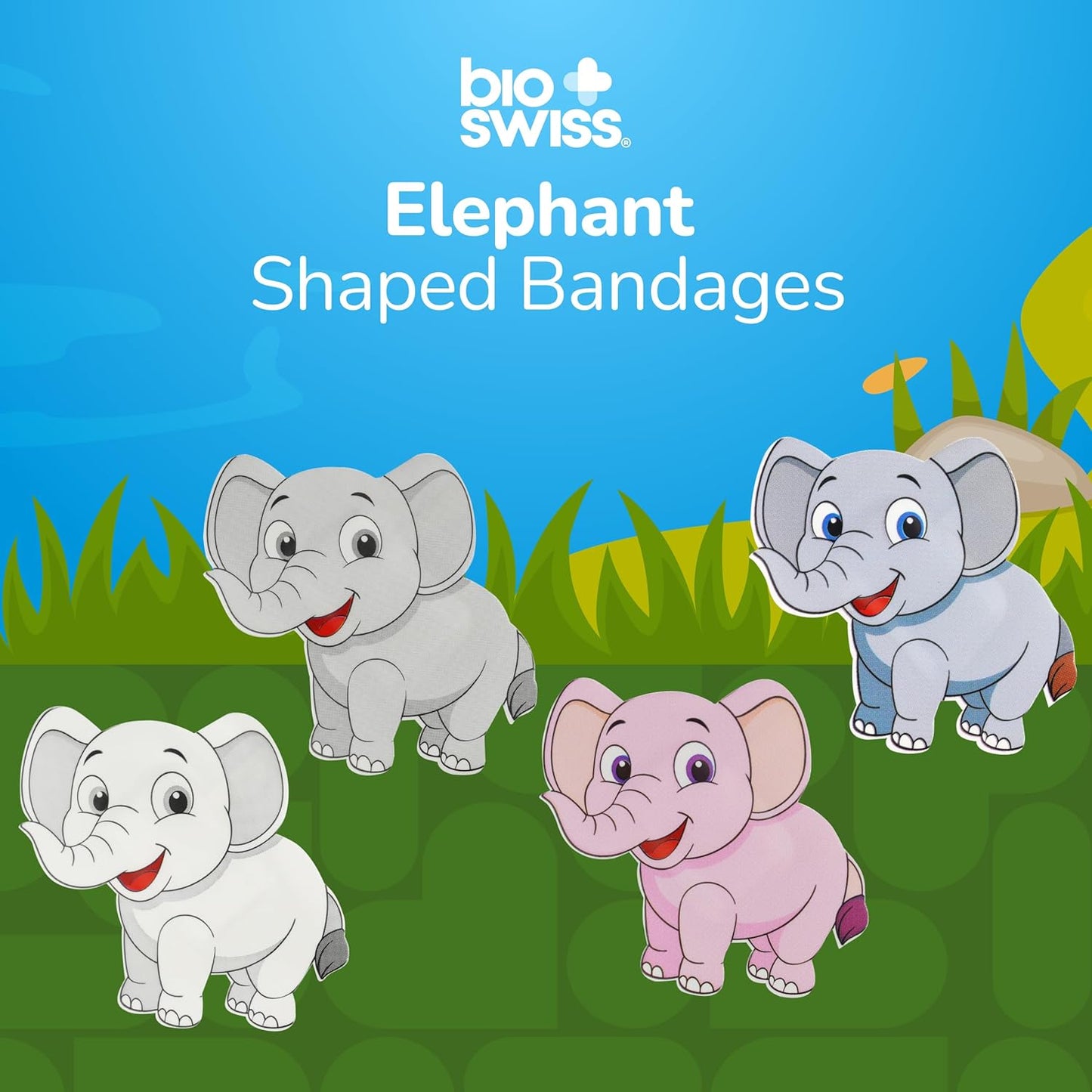 BioSwiss Kids Bandages, Elephant Shaped Self Adhesive Bandage, Latex Free, Sterile Wound Care, 24 Count
