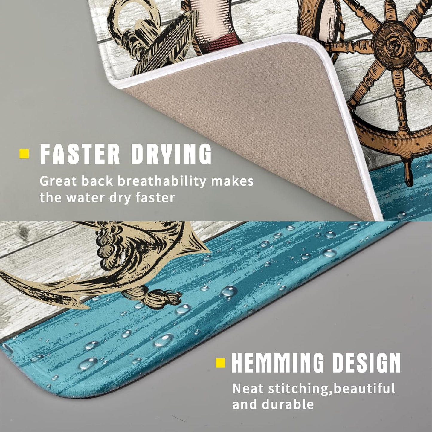 Nautical Anchor Dish Drying Mat 16x18 inch Coastal Boat Fast Dry Microfiber Reversible Dish Drainer Pad Kitchen Countertop Tabletop Decor