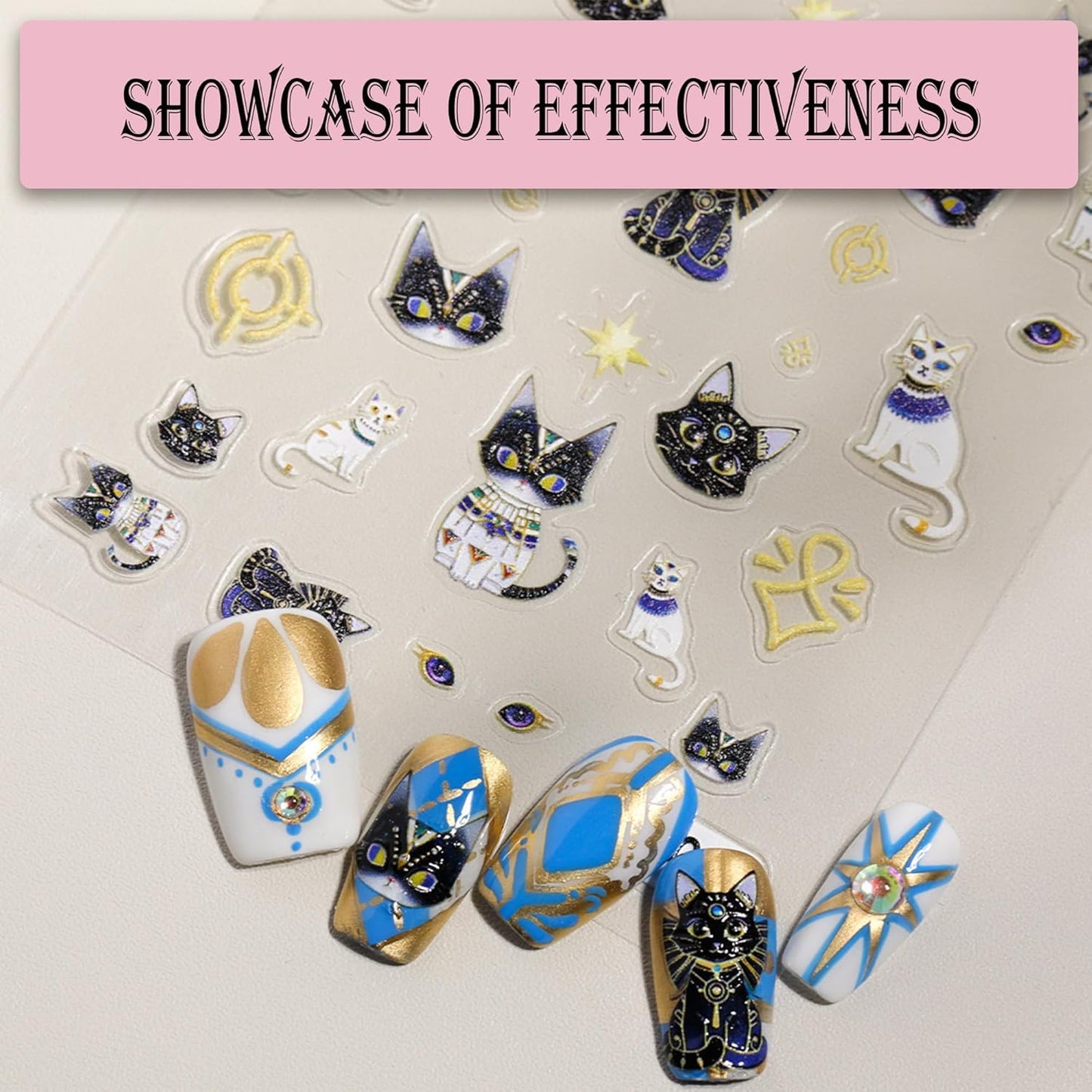 5D Egyptian Cat Nail Art Stickers, Embossed Nail Decals Supplies Self Adhesive Nails Sticker DIY Acrylic Nail Accessories - 2 Sheets