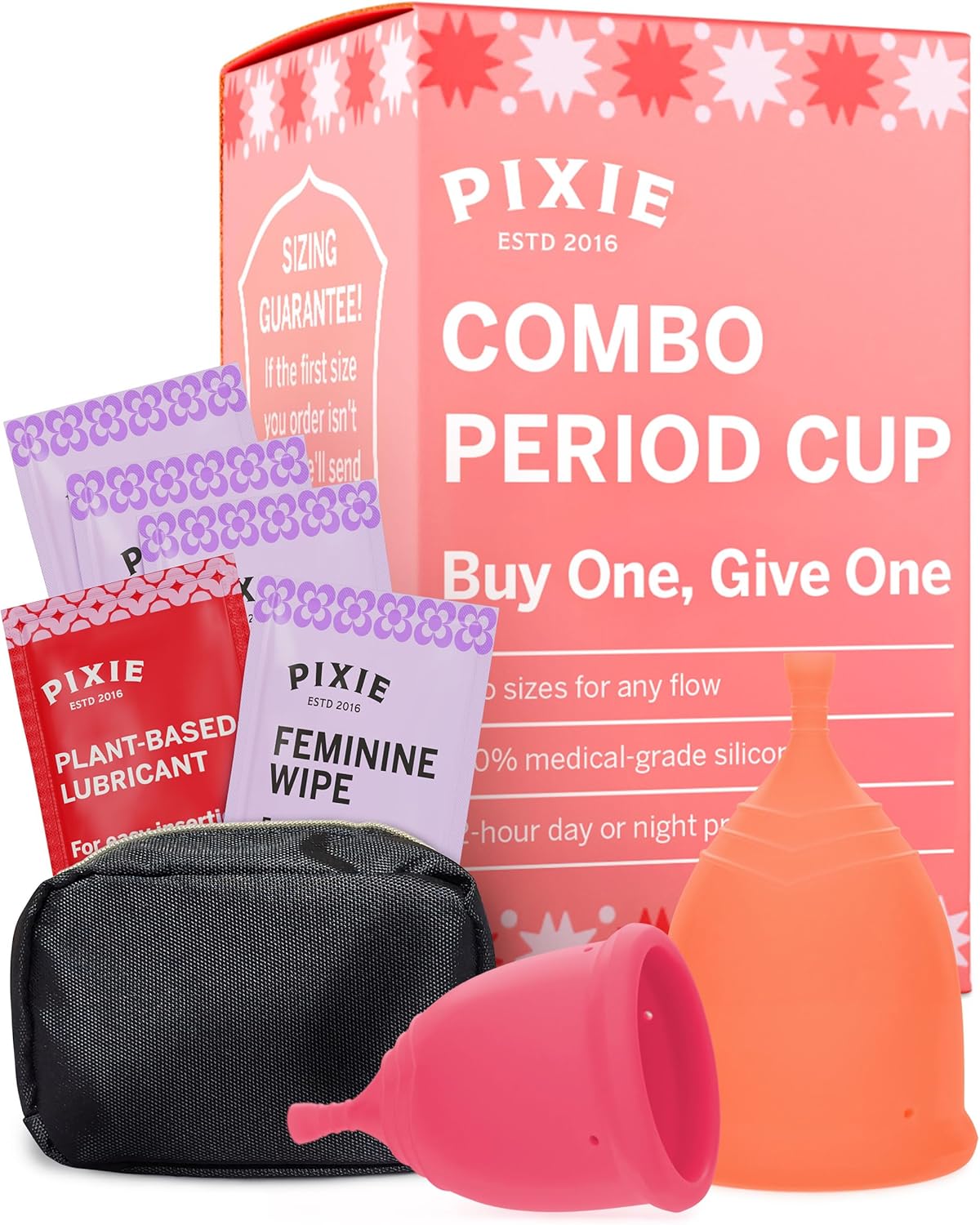 2 Pixie Menstrual Cups - No Metals or Toxins - Ranked 1 for The Most Soft Reusable Period Cups - Wear 12 Hours - 100% Medical-Grade Silicone - Tampon Alternative - Buy One We Give One (Combo)