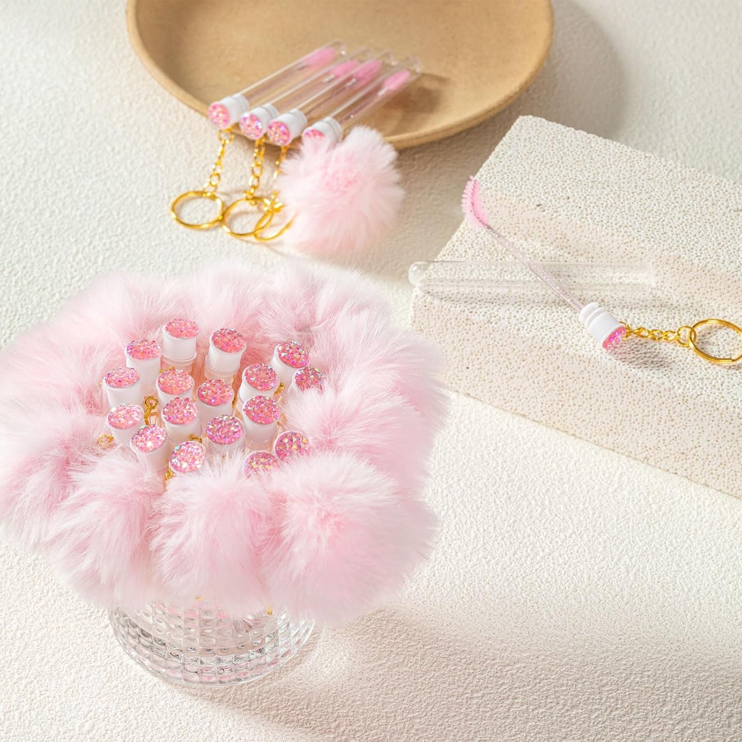 Upgrade 48 Pieces Disposable Mascara Wands Set,Include 24 Pcs Crystal Lash Spoolies Brush and 24 Pcs Reusable Keychain Empty Eyelash Brush Tubes