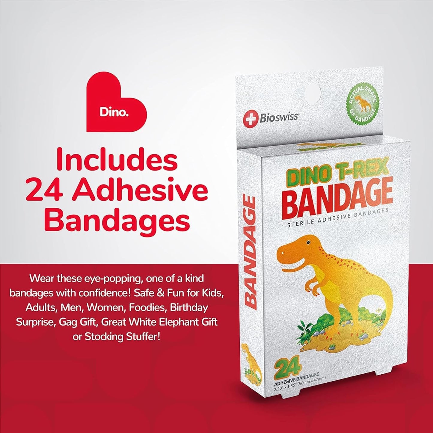 BioSwiss Kids Bandages, Dinosaur Shaped Self Adhesive Bandage Set, Latex Free, Sterile Wound Care, 24 Count
