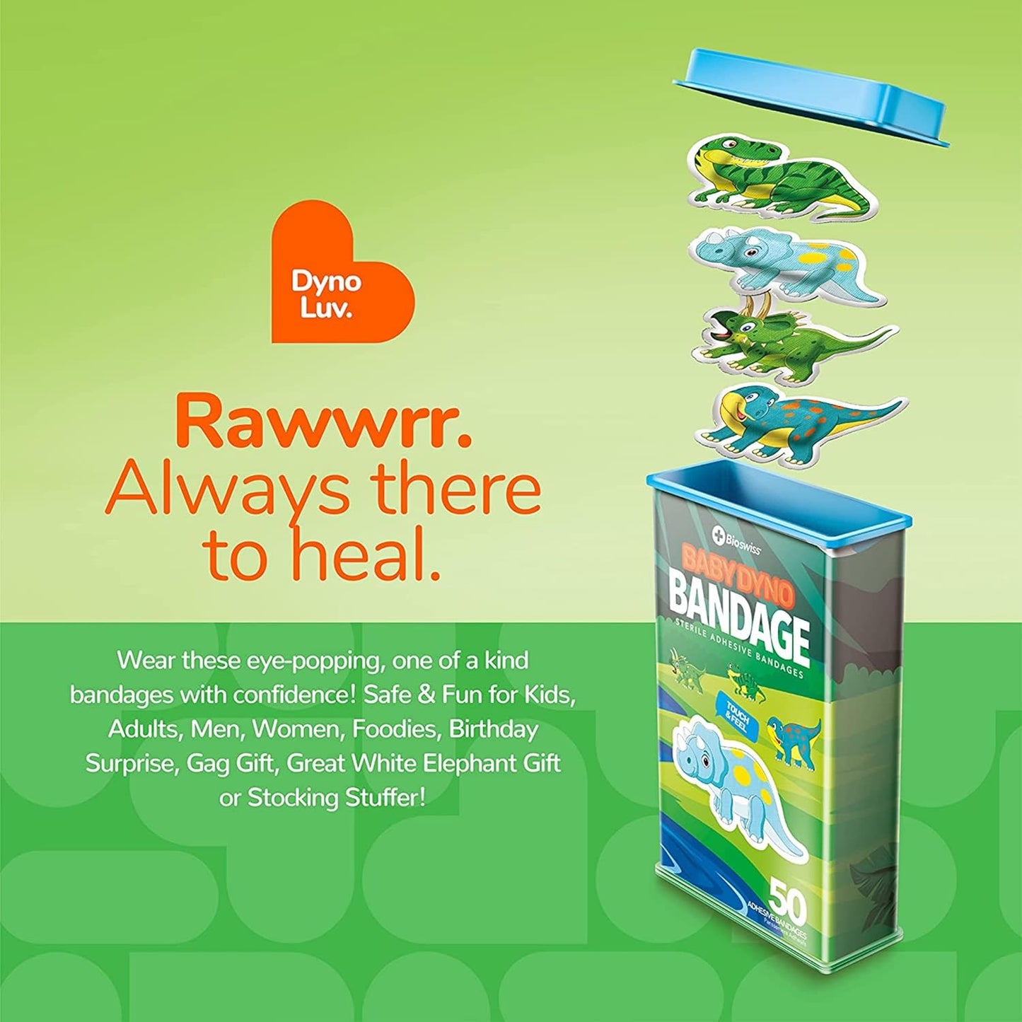 BioSwiss Kids Bandages, Baby Dino Shaped Self Adhesive Bandage Set, Latex Free, Sterile Wound Care, 50 Count