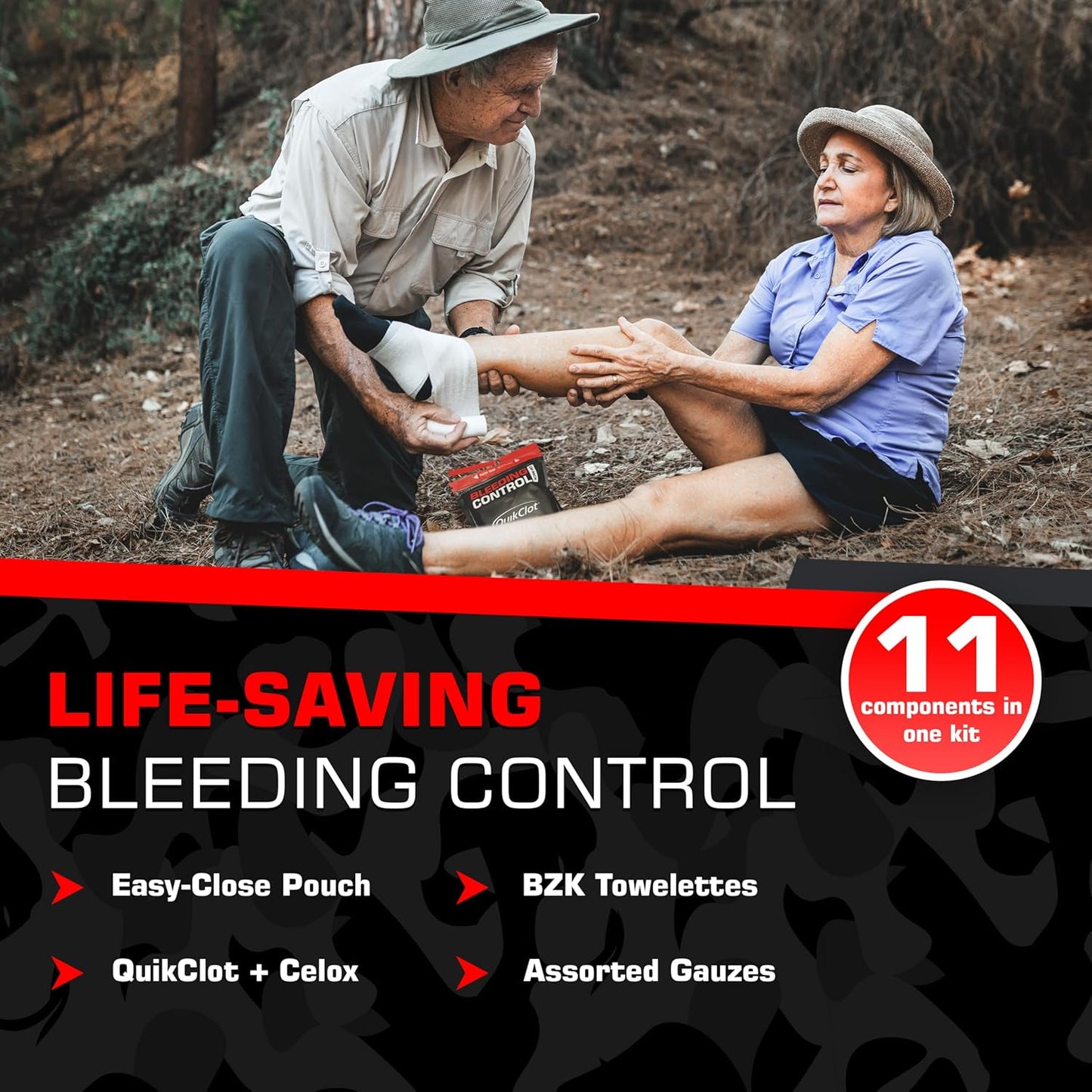 Bleeding Control Zip Pack with QuikClot, Celox, Gauze Pads, Triangular Bandage, BZK Wipes, Nitrile Gloves, Tape – Trauma First Aid Kit for Emergency Use