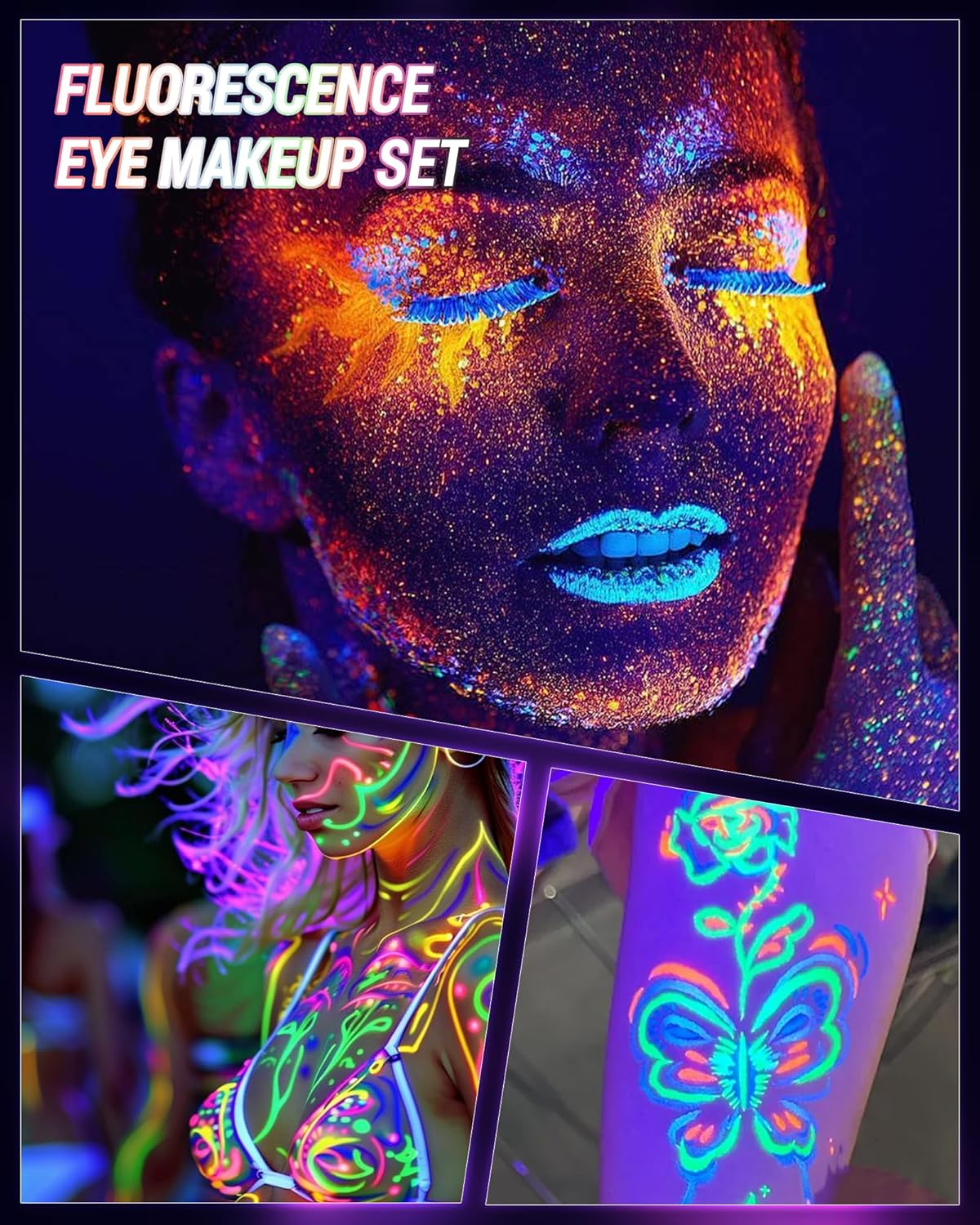 UV Neon Purple Mascara & Eyeliner Set, Waterproof Volumizing Colored Mascara Volume and Length for Lashes Lengthening, Long Lasting Glitter Liquid Eyeliner Pencil, Halloween Glow in the Dark Makeup-01