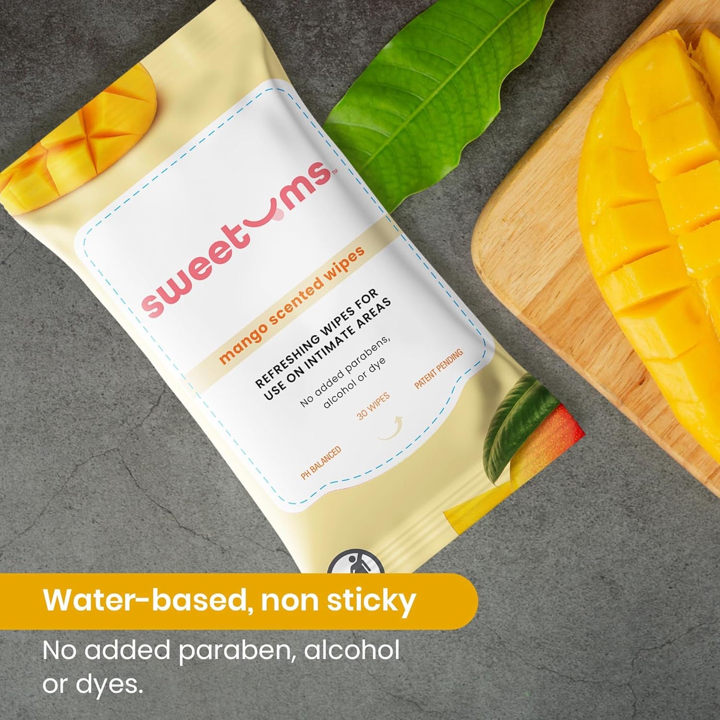 Sweetums Mango Scented Daily Feminine Wipes for Women – pH Balanced Unflavored Intimate Wipes – Water-Based, Aloe-Infused, Gentle on Sensitive Skin – Vegan, No Alcohol or Dyes, Travel-Friendly - 30ct