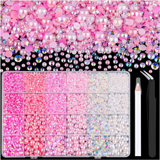 9000PCS Flatback Pearls and Rhinestones for Bedazzling, Pink White Mixed Size 3-8mm Resin Rhinestones and Half Pearls for Crafting, Nail Art and Grad Cap Decoration with Tweezers and Pickup Pencil
