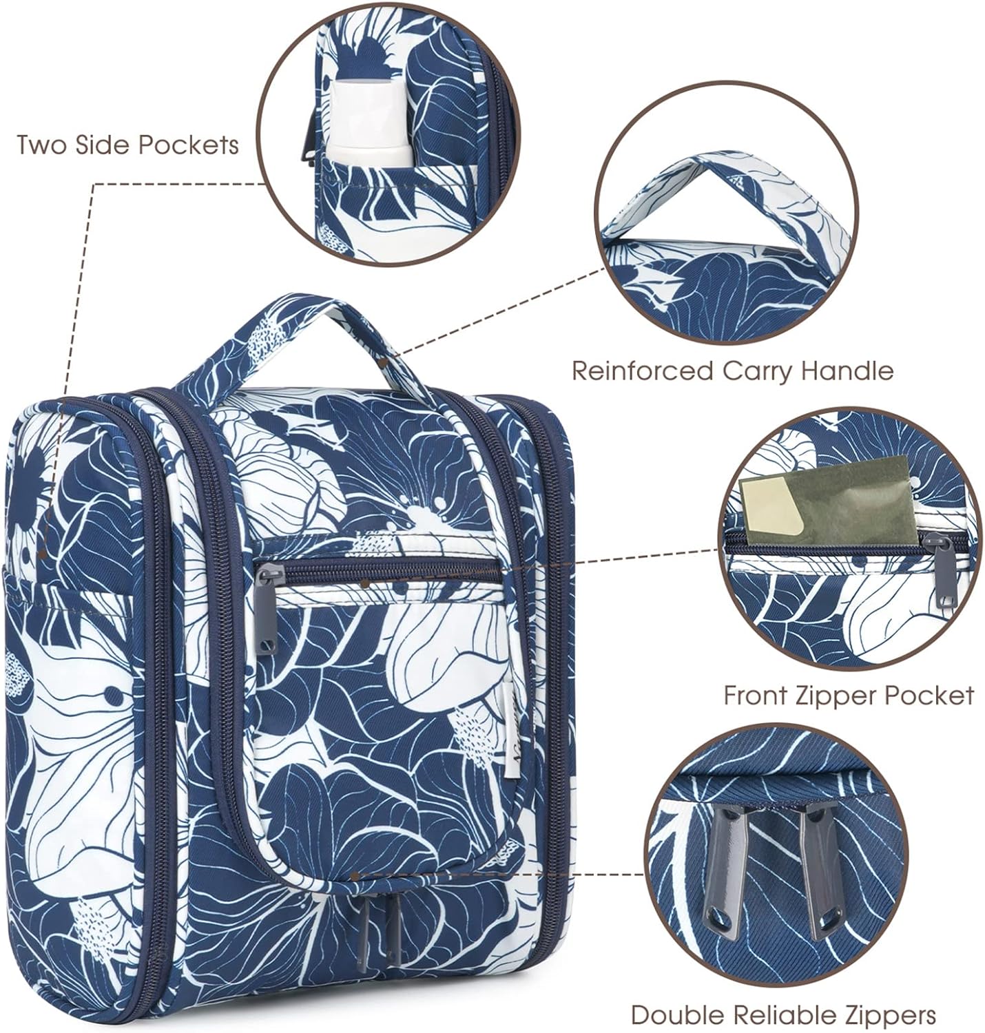 Narwey Small Hanging Travel Toiletry Bag Cosmetic Make up Organizer for Women and Men (Medium, Blue Lotus)