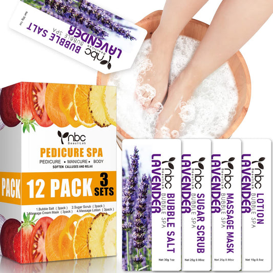 Pedicure Kit Foot Soak Set: Bubble Salt, Sugar Scrub, Massage Mask, Massage Lotion in a Box, 4 Step Foot Spa Kit for Dry Feet, Softens Calluses, Tired Feet（3 Set Lavender)