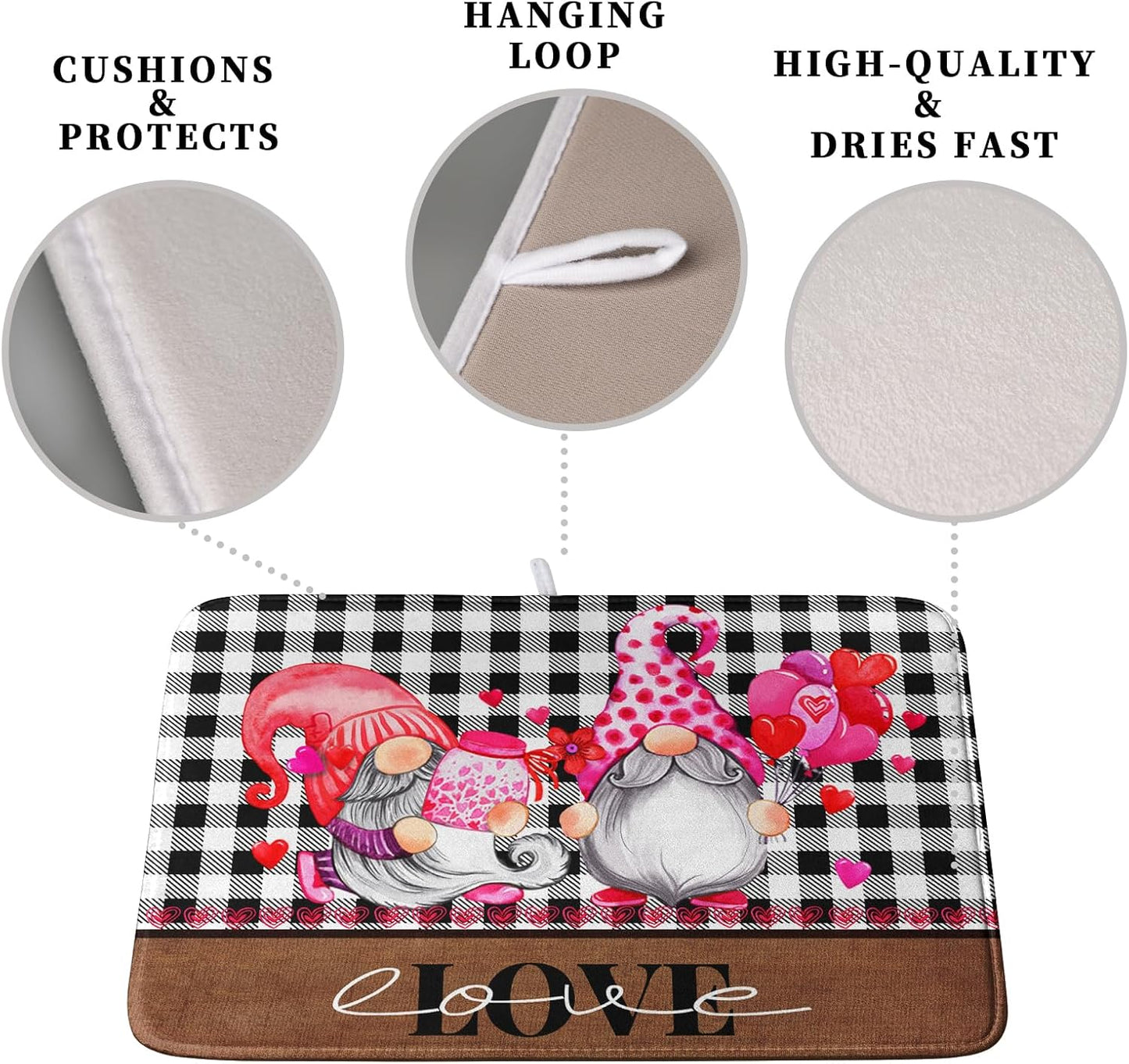 Valentine's Day Dish Drying Mats for Kitchen Counter, Gnome Love Kitchen Drying Mat, Buffalo Plaid Dish Drainer Mat Absorbent Quick Dry Dishes Pad 16 x 18 In - Farmhouse Decor Valentines Gift