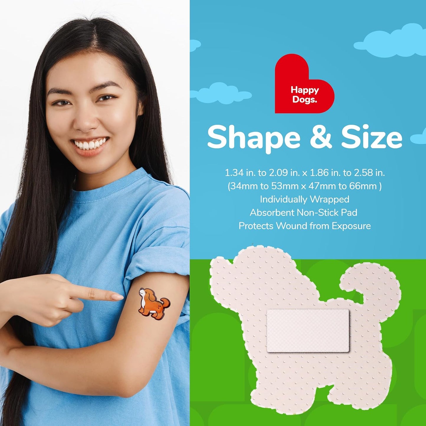 BioSwiss Kids Bandages, Happy Dog Shaped Self Adhesive Bandage Set, Latex Free, Sterile Wound Care, 50 Count