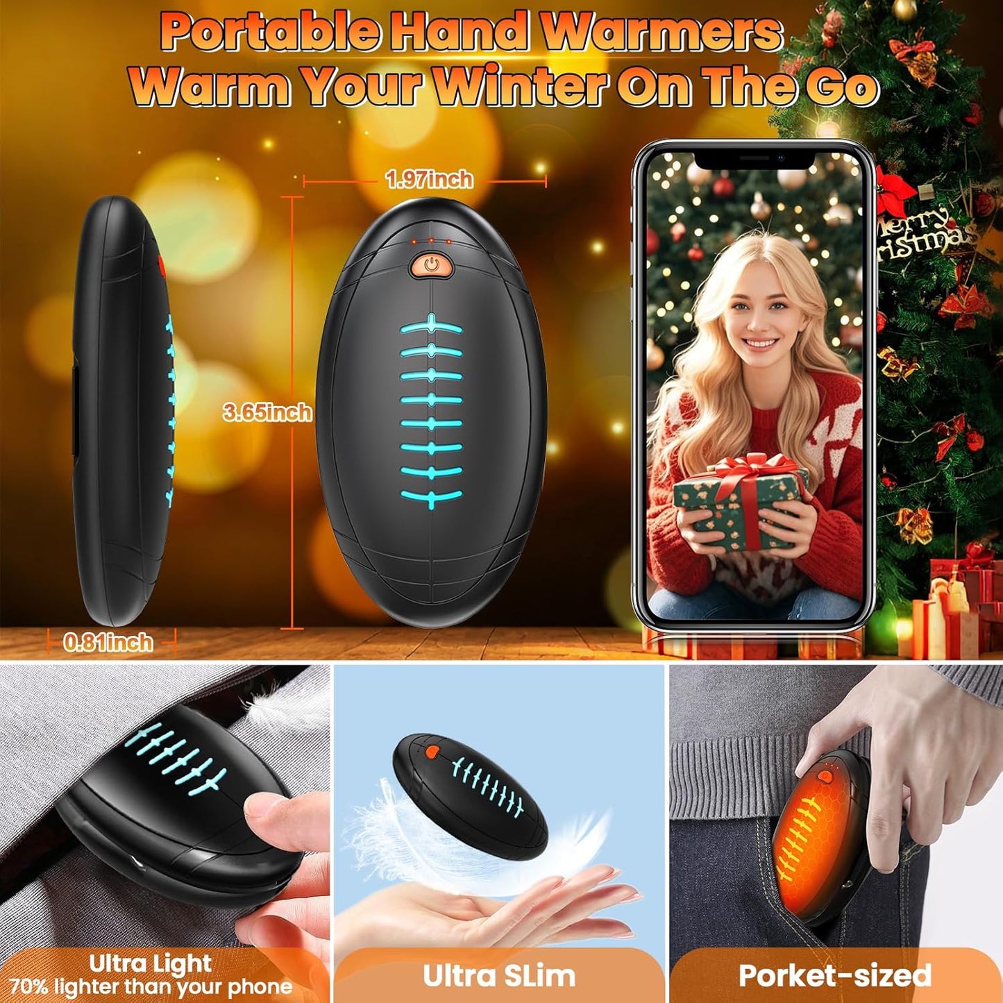 Hand Warmers Rechargeable, 2 Pack Temperature Electric Heater Football Shape Hand Warmer, Quick Charge Portable Hand Warmer Gift for Christmas Outdoors, Hunting, Golf, Camping