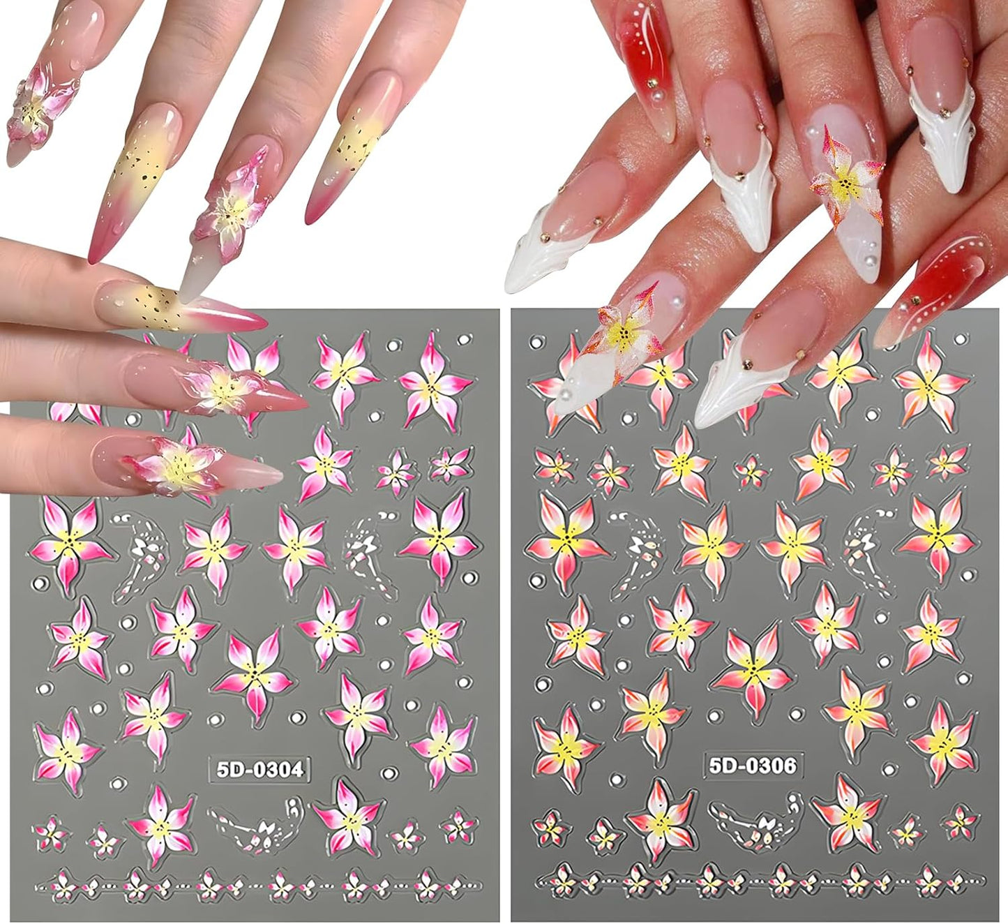 Flower Nail Stickers for Nail Art 5D Embossed Nails Decals Spring Summer Lily Decoration for Women Nails Design 3D Self Adhesive Pink Blue Green Flower Supplies