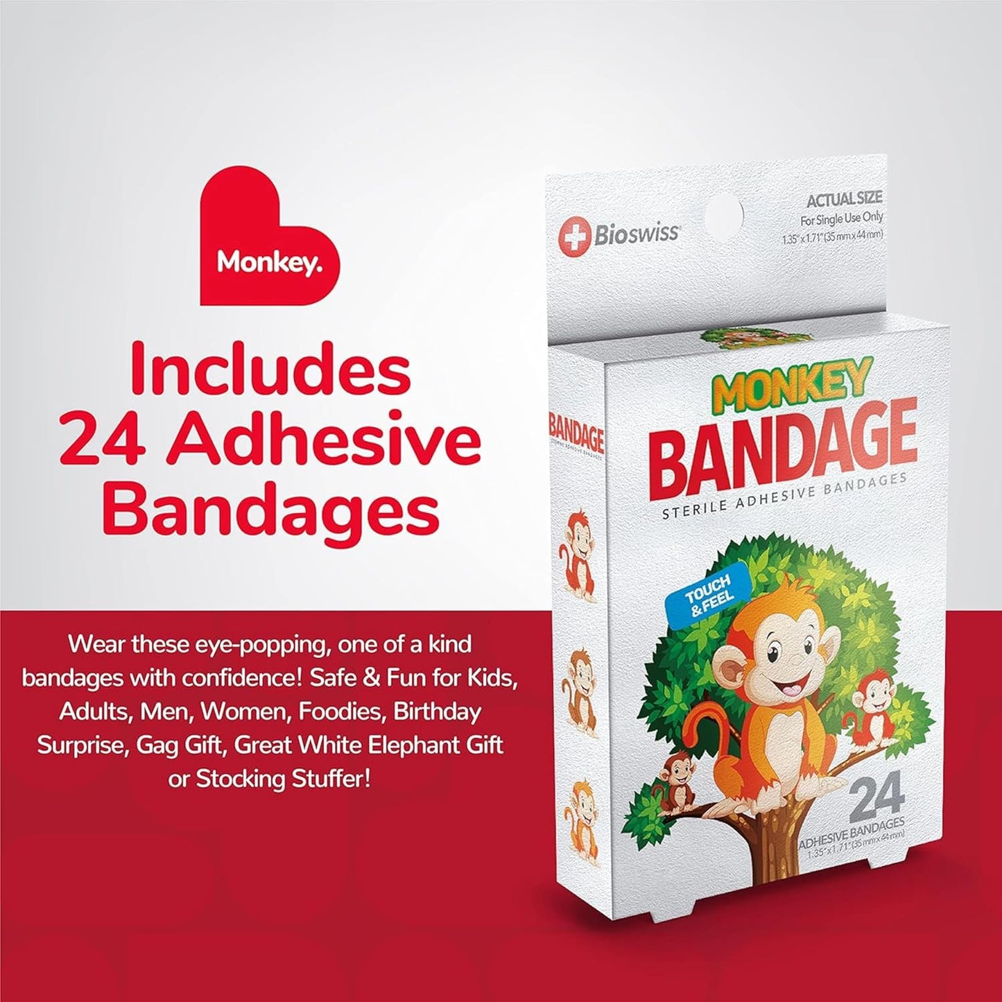 BioSwiss Kids Bandages, Monkey Shaped Self Adhesive Bandage Set, Latex Free, Sterile Wound Care, 24 Count