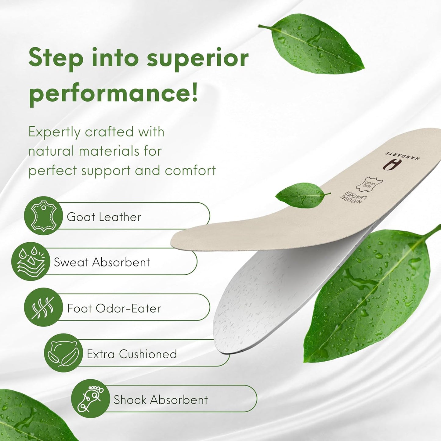 HANDARTE Leather Orthopedic Insoles | Padded Comfort Shoe Inserts for Men | 100% Natural Goatskin - ChromeFree, Anti Sweat & Anti-Odor - Suitable for No-Socks (US M10 | EU44)