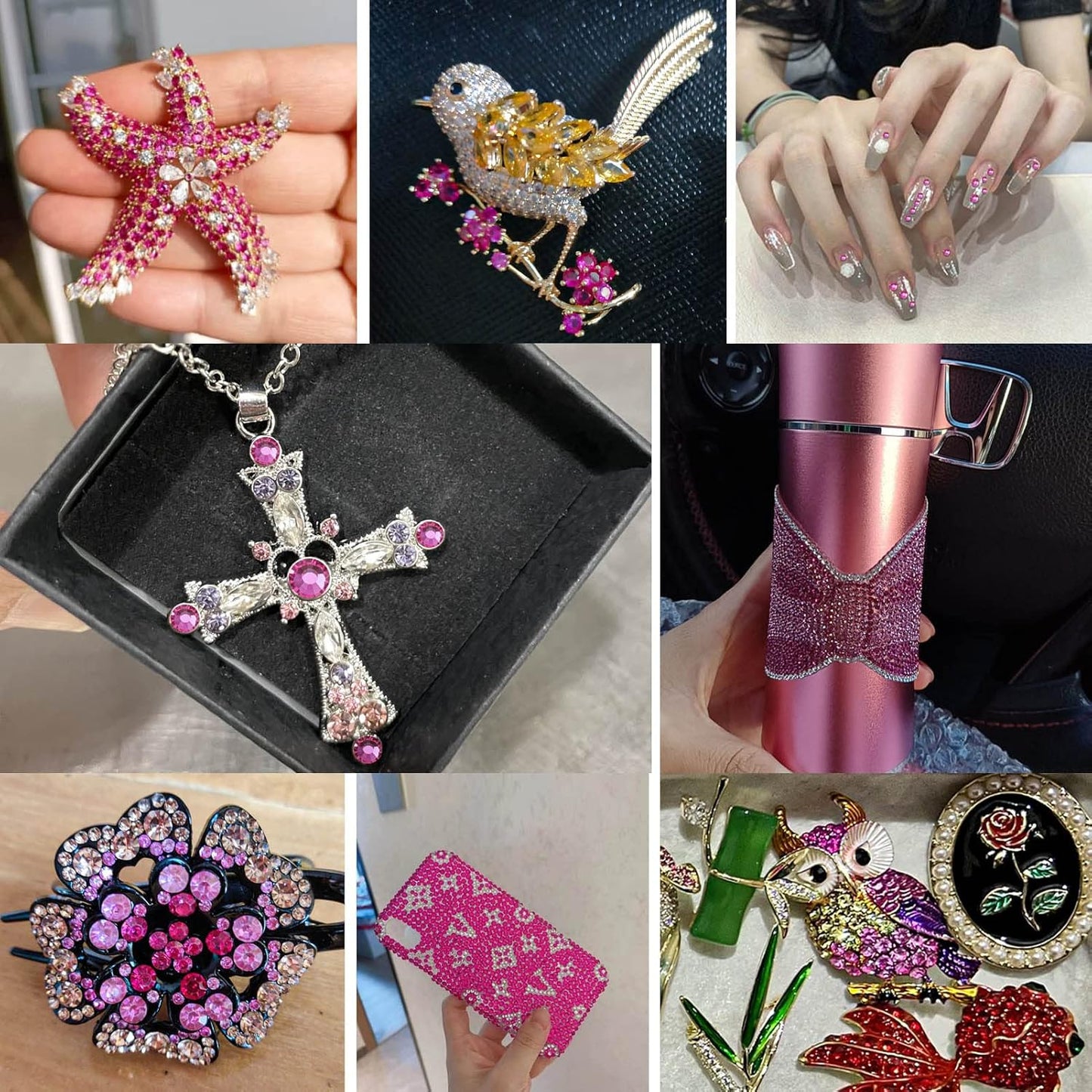 Beadsland 288pcs Flat Back Crystal Rhinestones Round Gems for Nail Art and Craft Glue Fix, Fuchsia, SS34,7.1-7.3mm