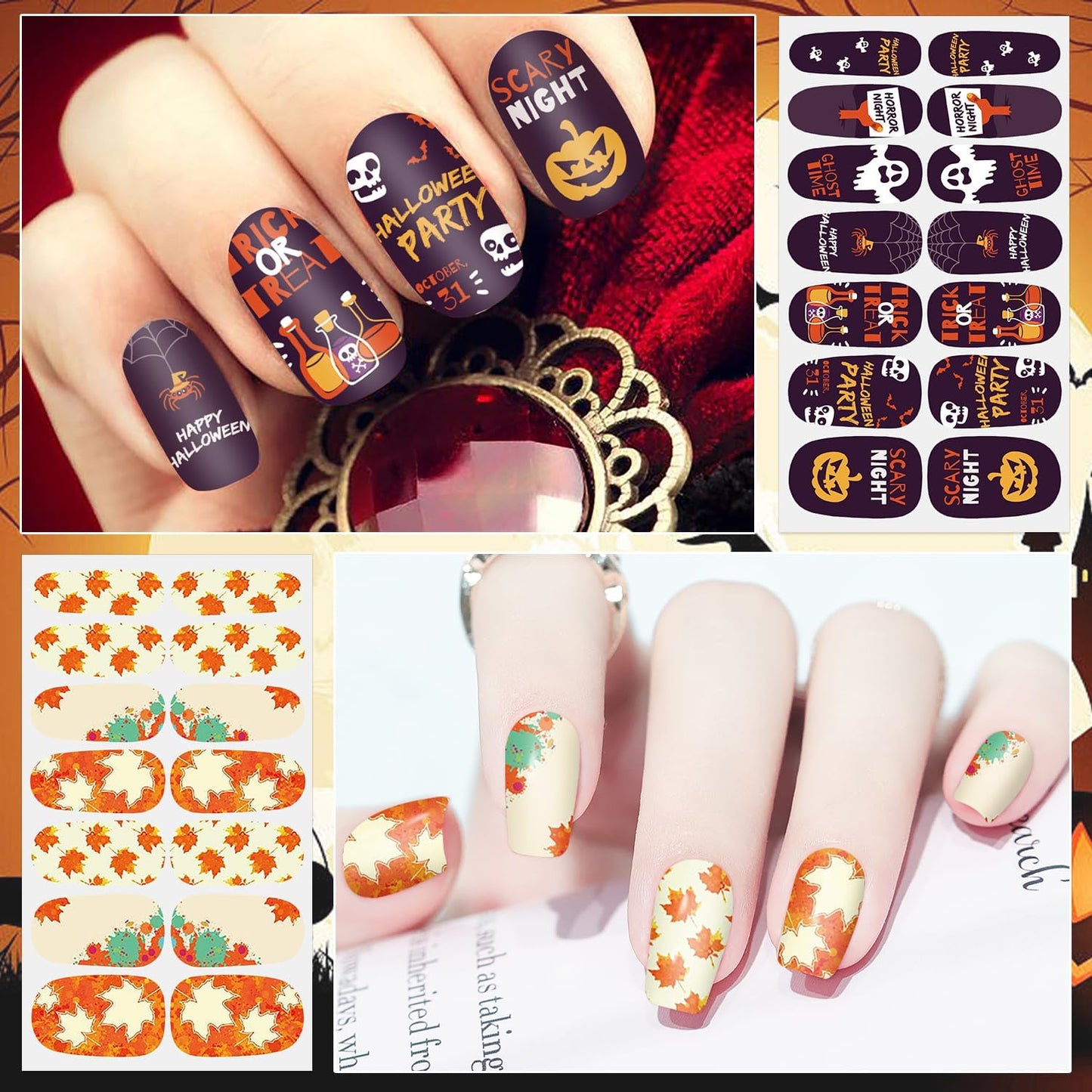 DANNEASY 16 Sheets Fall and Halloween Nail Wraps Holiday Nail Polish Stickers for Women Self Adhesive Nail Polish Strips Gel Nail Strips Fingernail Stickers with Nail File, Cuticle Stick